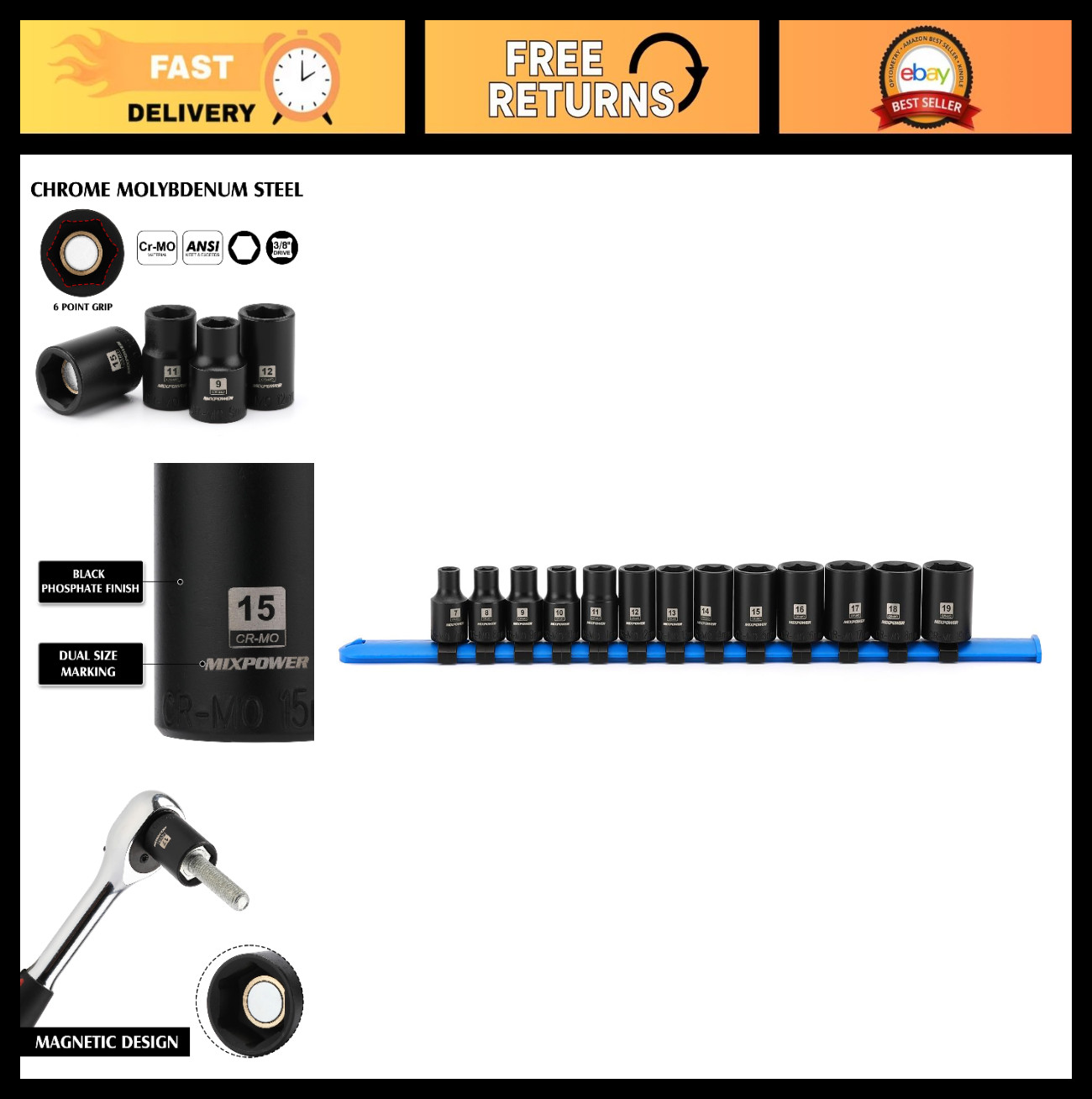 13-Piece 3/8″ Drive Magnetic Impact Socket Set, 6 Point Metric 7-19mm, Storage R