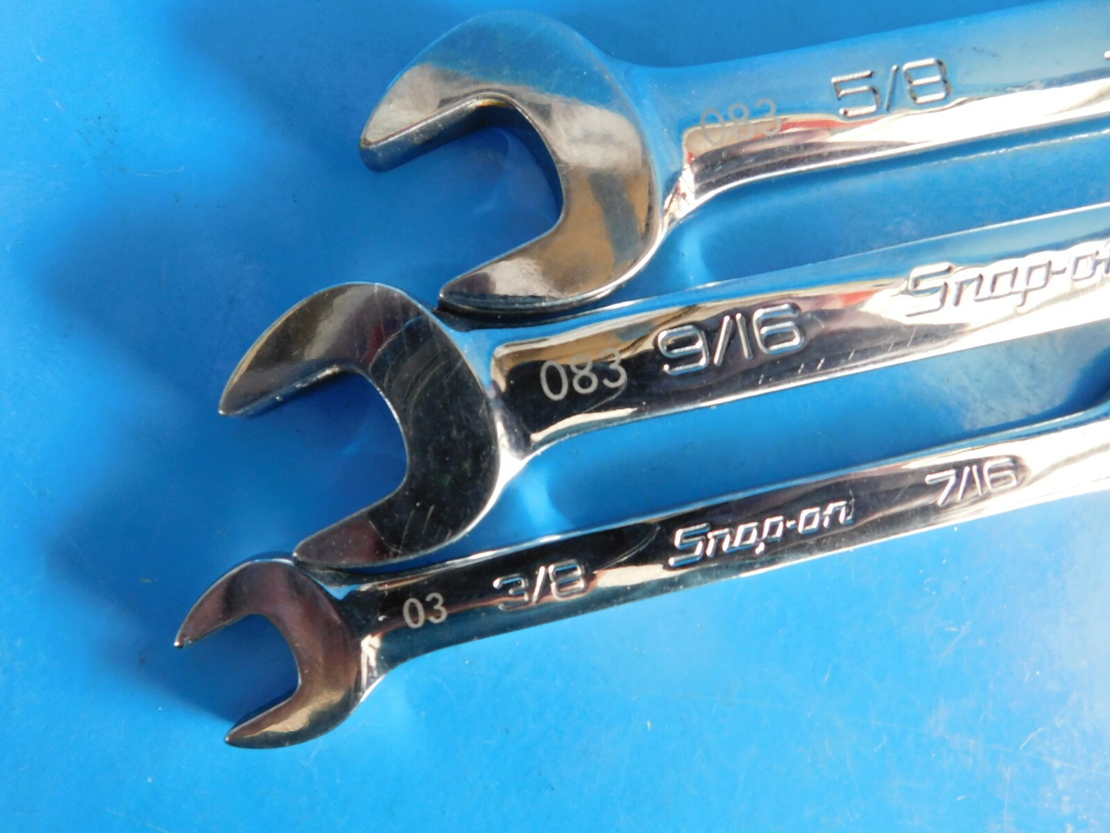 USED, SNAP ON TOOLS OPEN END WRENCH’S LOT OF (3) 3/8X7/16, 9/16X5/8, 5/8X3/4 IN