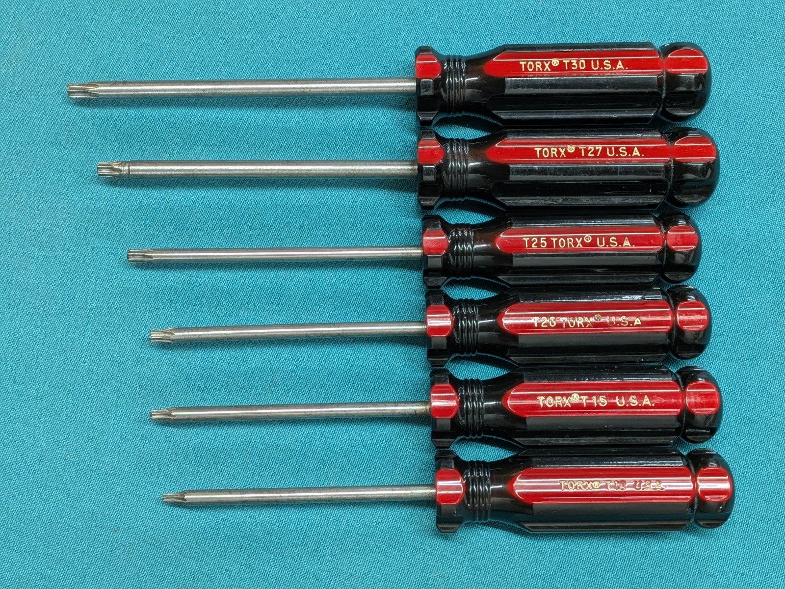 Vintage TORX ® USA 6pc Classic Screwdriver Collection T10 to T30 Red & Black VGC