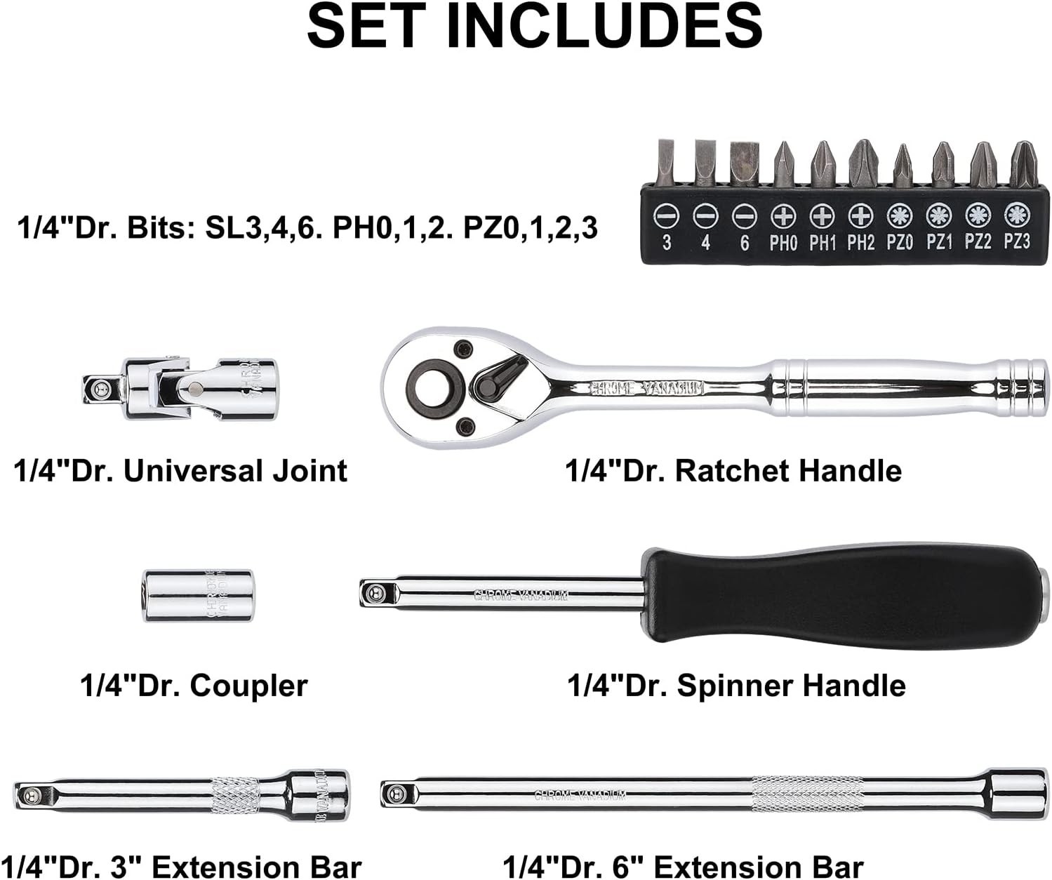 62 Pieces 1/4 Inch Drive Socket Set, SAE/Metric, 1/4″ Dr. Socket Set with Rat…