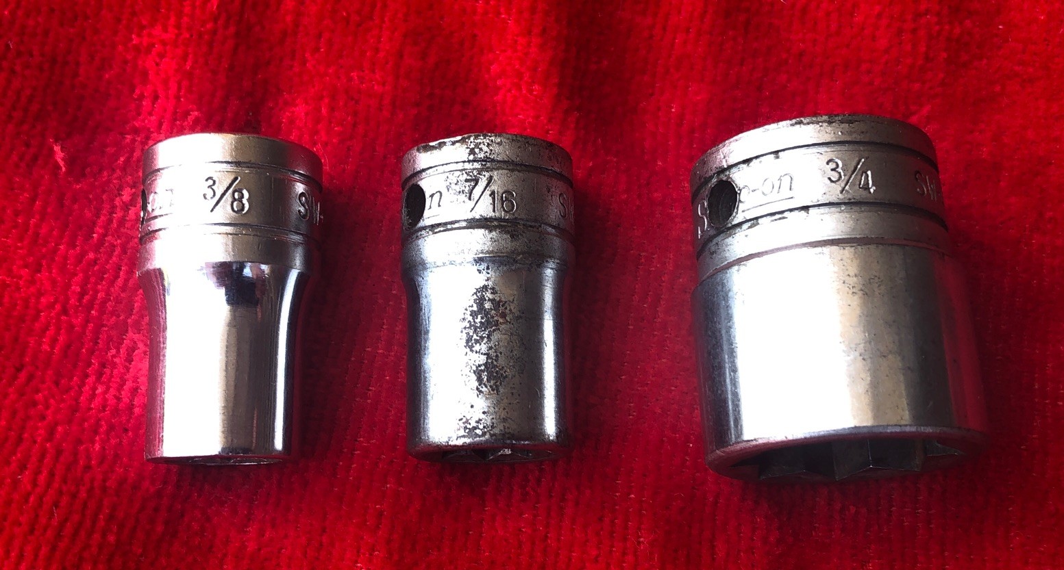 Three 1/2 Inch Drive Snap-On 8 Point/Double Square Sockets 3/8, 7/16 & 3/4 Inch