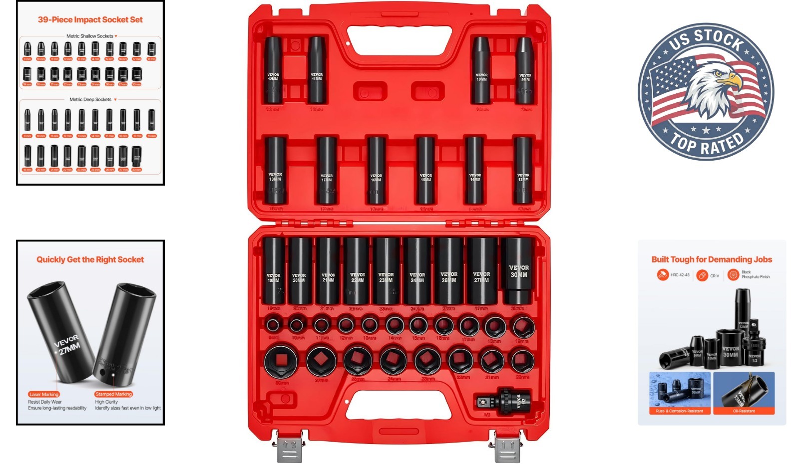 Compact 39-Piece Impact Socket Set – 6-Point Deep & Shallow with Carrying Case