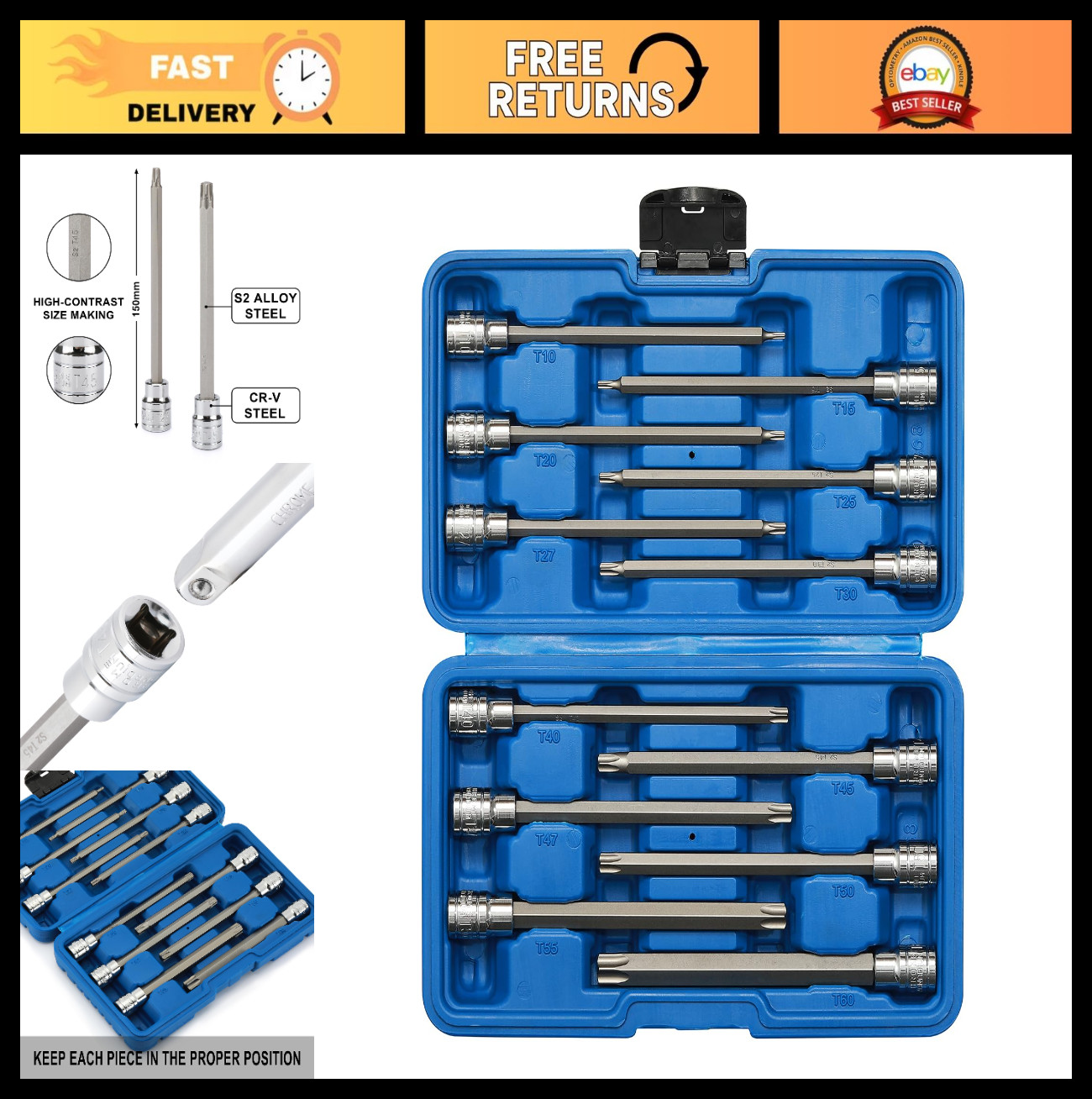 12PCS Extra Long Torx Bit Socket Set 3/8″ Drive, CR-V S2 Steel, T10-T60, 5.9″ Le