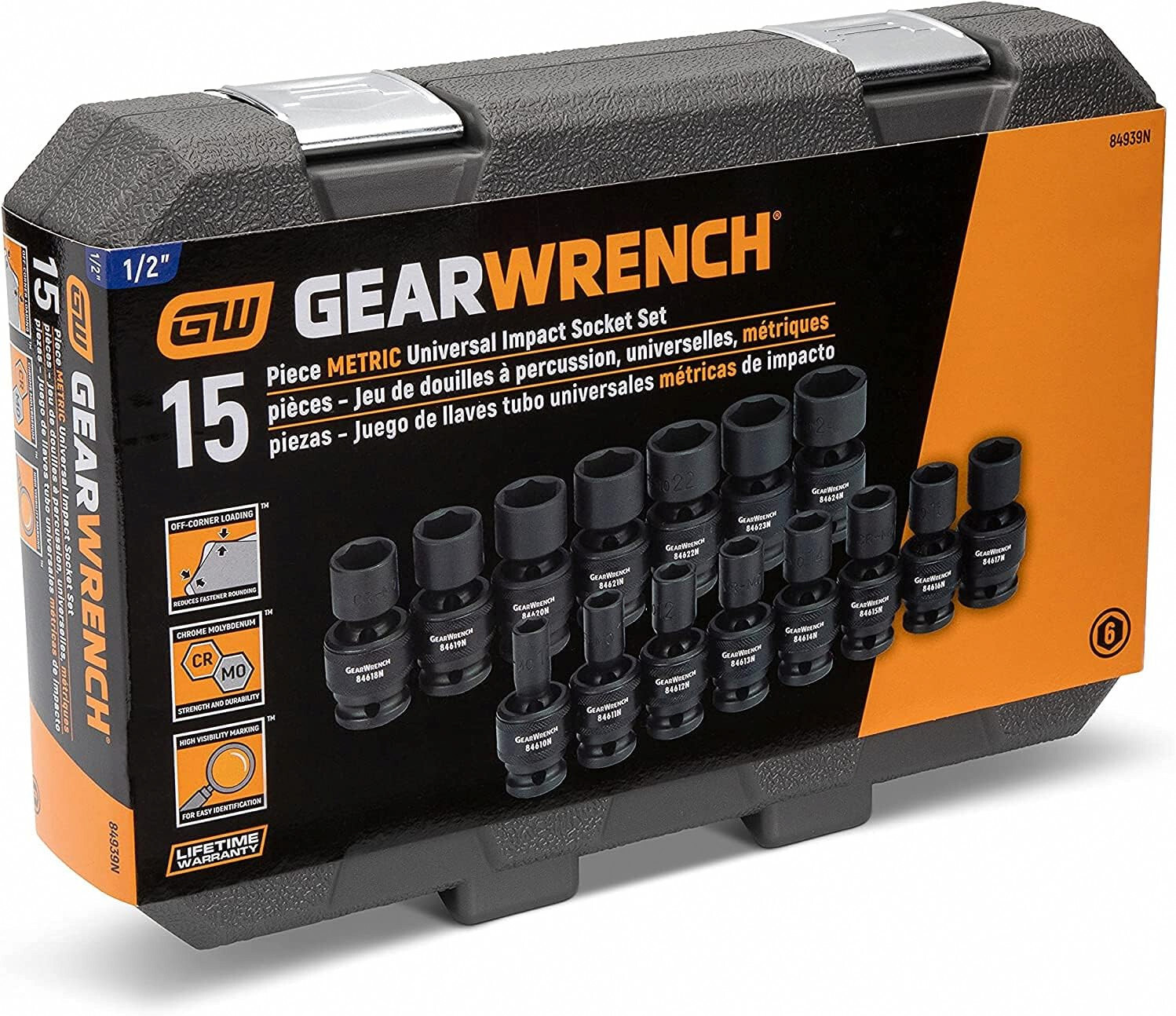 GEARWRENCH 84939N – 1/2″ 6 Point Metric Universal Impact Socket Set 15 Piece