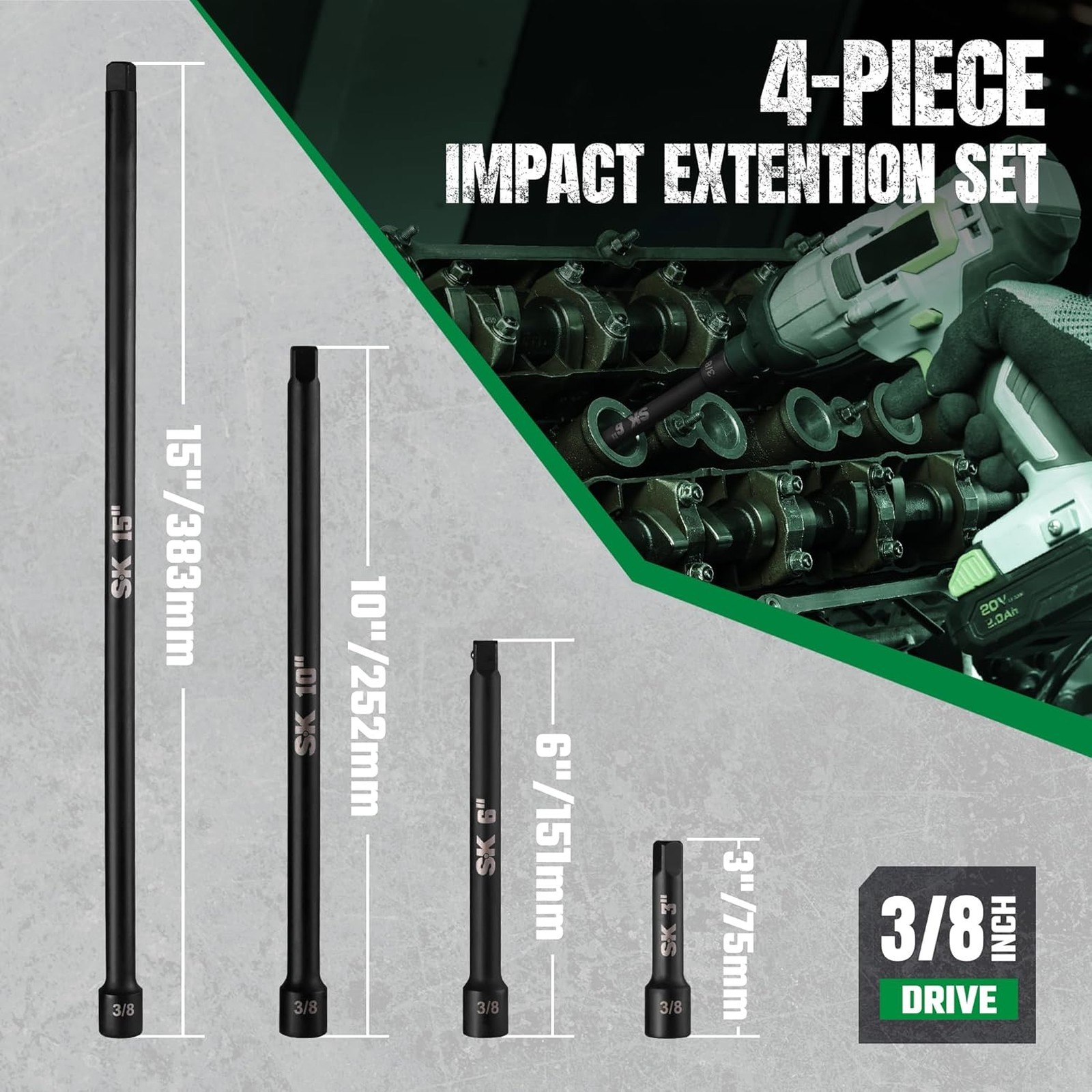 SK 4-Piece Impact Socket Extension Set, 3/8″ Drive, 3″, 6″, 10″, 15″ Extension