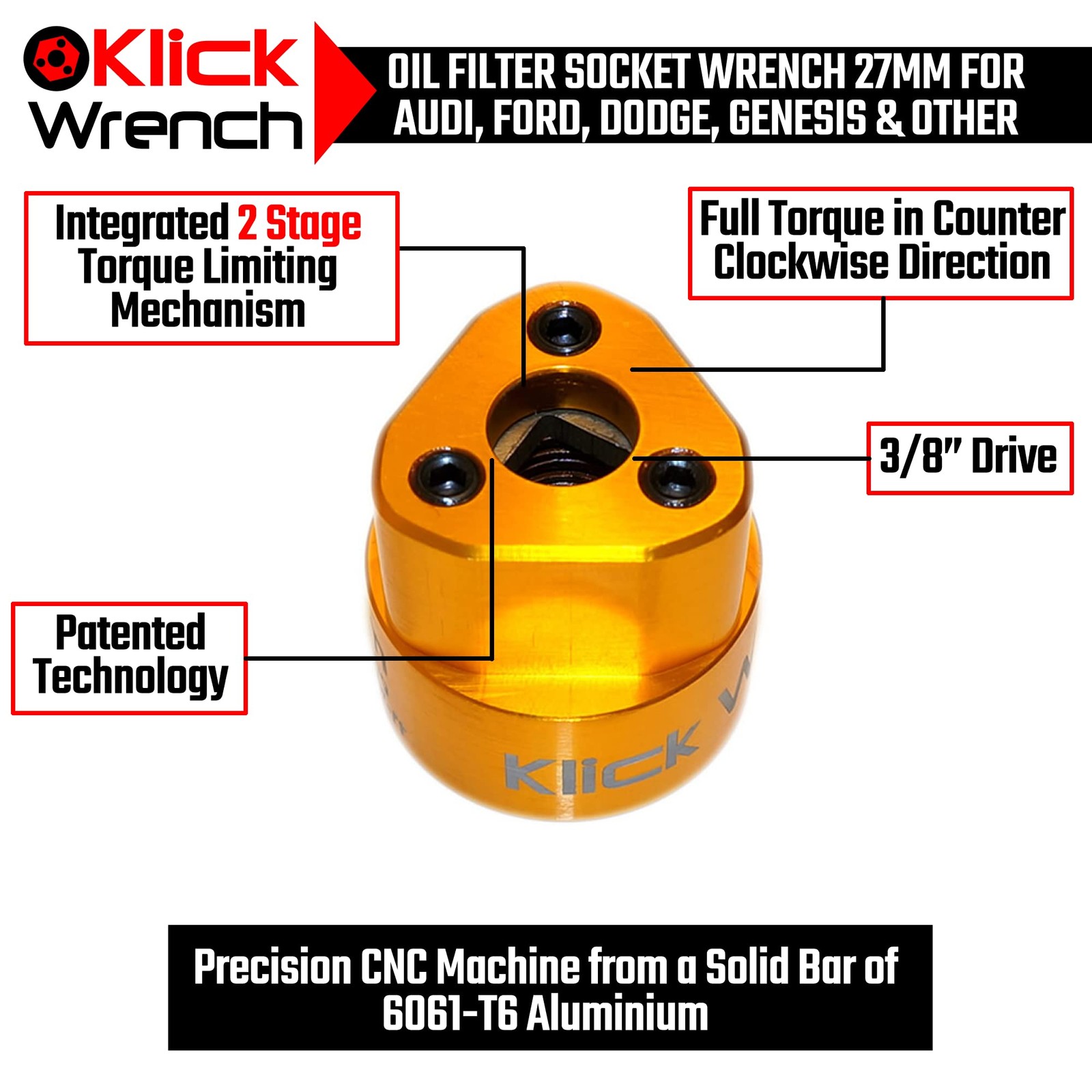 KLICK WRENCH 2 Stage 27mm Torque Limiting Oil Filter Wrench, 27mm, Yellow