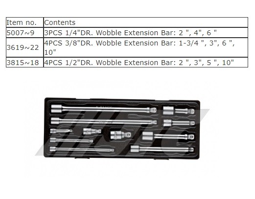 11 PCS 15° WOBBLE EXTENSION BAR SET 1/4″ , 3/8″, 1/2″ , JTC TOOLS # K1112