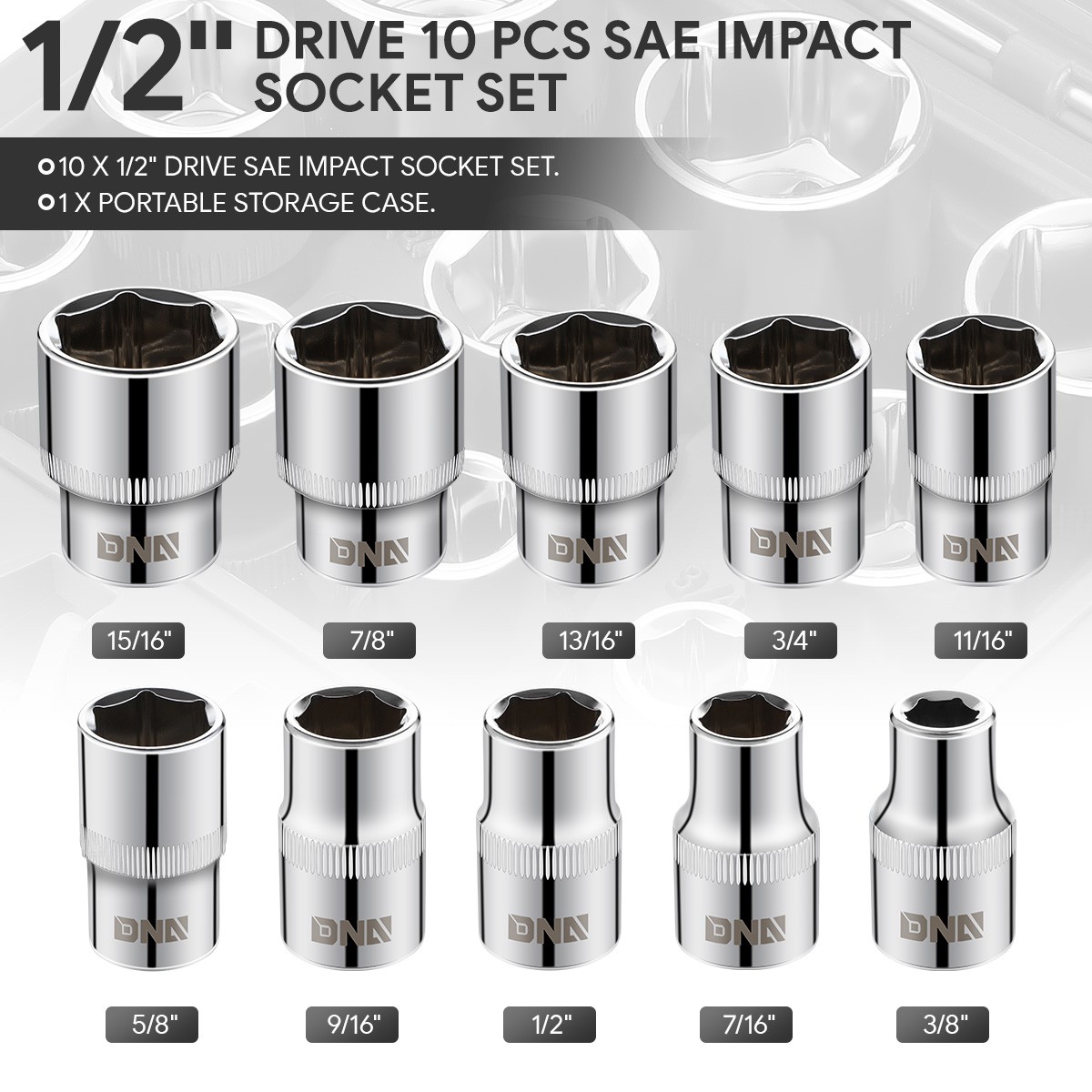 10Pcs 1/2″ Dr 6 Point SAE Impact Socket Set Chrome Vanadium Steel 3/8″ to 15/16″