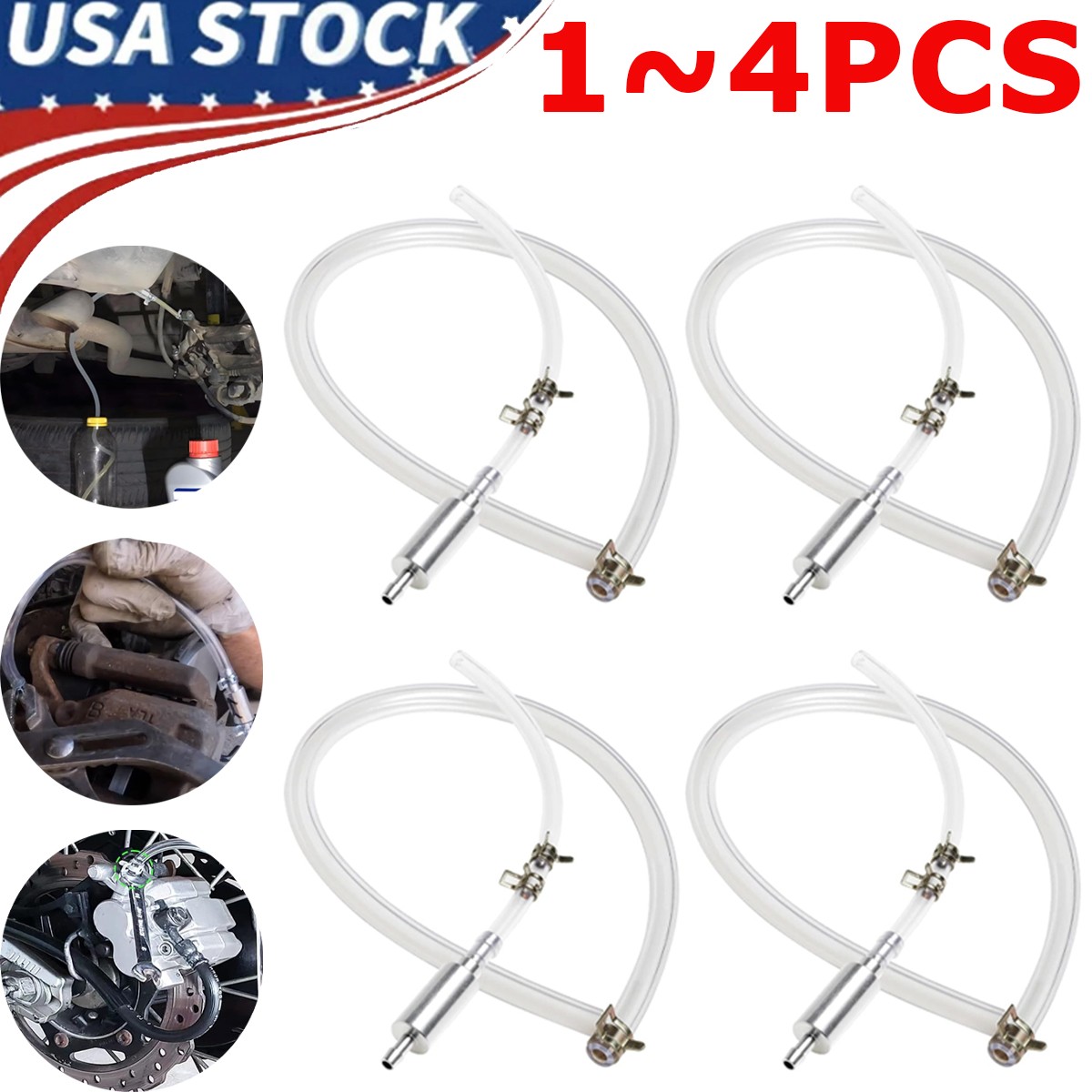 1-4PCS Brake Bleeder Hose, One Way Check Valve Tube Bleeding Tool Kit Silver