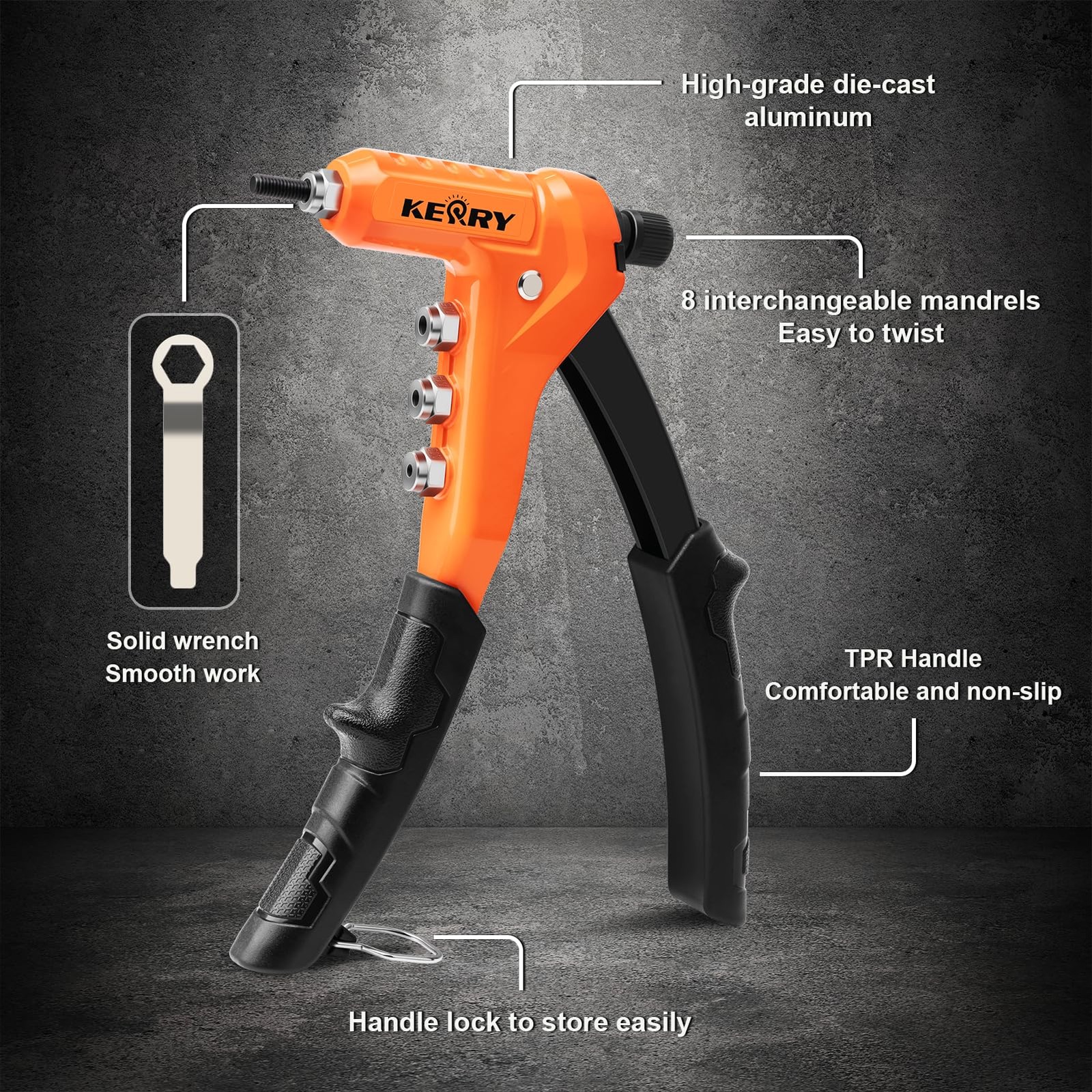 Kerry Rivet Nut Gun Tool, One-Handed Riveters 9.5″ 9.5”, Orange and Black
