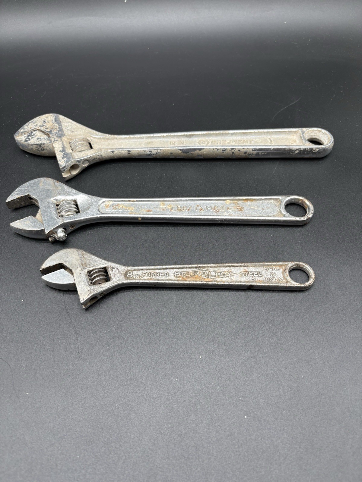 Vintage Adjustable Wrenches Lot 3 pc Crescent Craftsman Diamond Calk 8-12″ USA