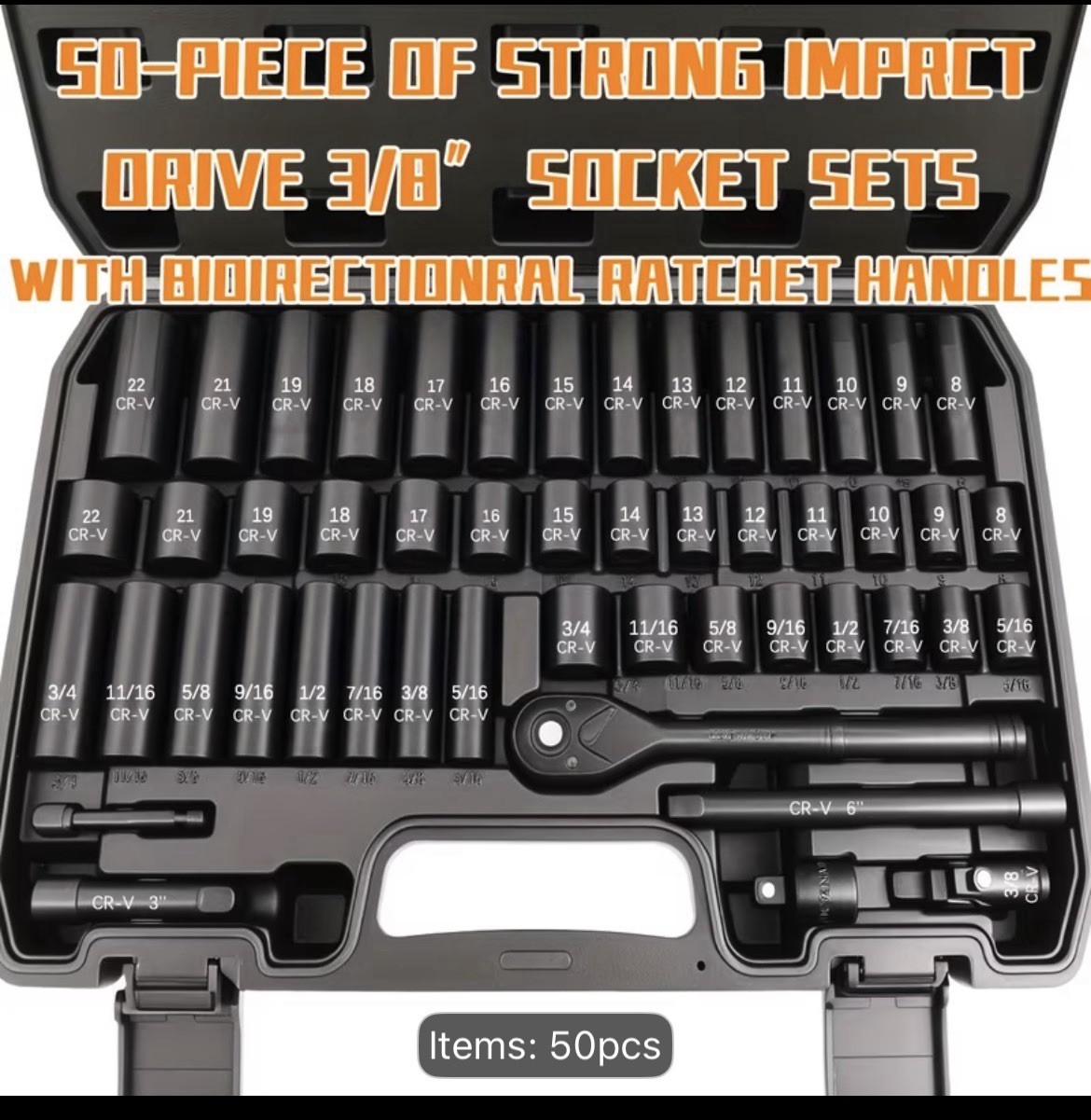 50pcs Impact Socket Kit with Ratchet – 3/8 Inch Drive, Common Size, CR-V Steel