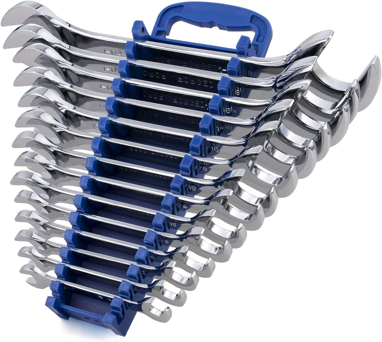 14-Piece Angle Head Open End Wrench Set, Chrome Vanadium Steel, Inch Sizes & Rac