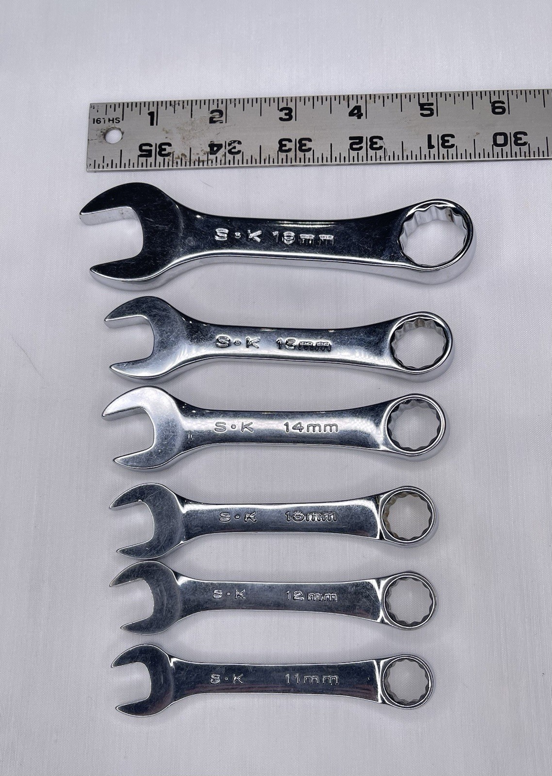 S-K Stubby Metric Combo Wrench Set of 6 Polished USA SK 11mm – 15mm, 19mm Clean