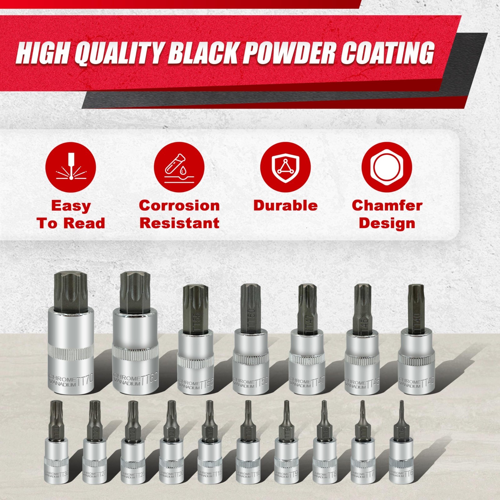 64PCS Torx Bit Socket Set – 1/4, 3/8 & 1/2″ External Torx Sockets E4-E24, T6-T70