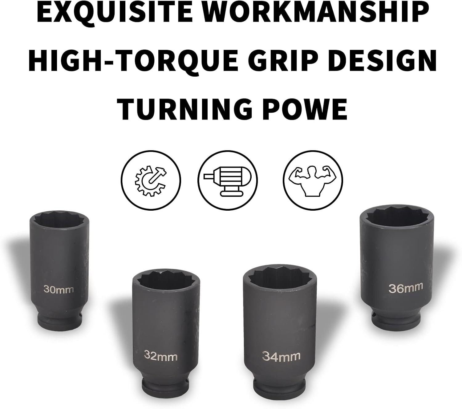 12 Point 4pc 1/2″ Drive Deep Spindle Axle Nut Socket Set 30mm 32mm 34mm 36mm