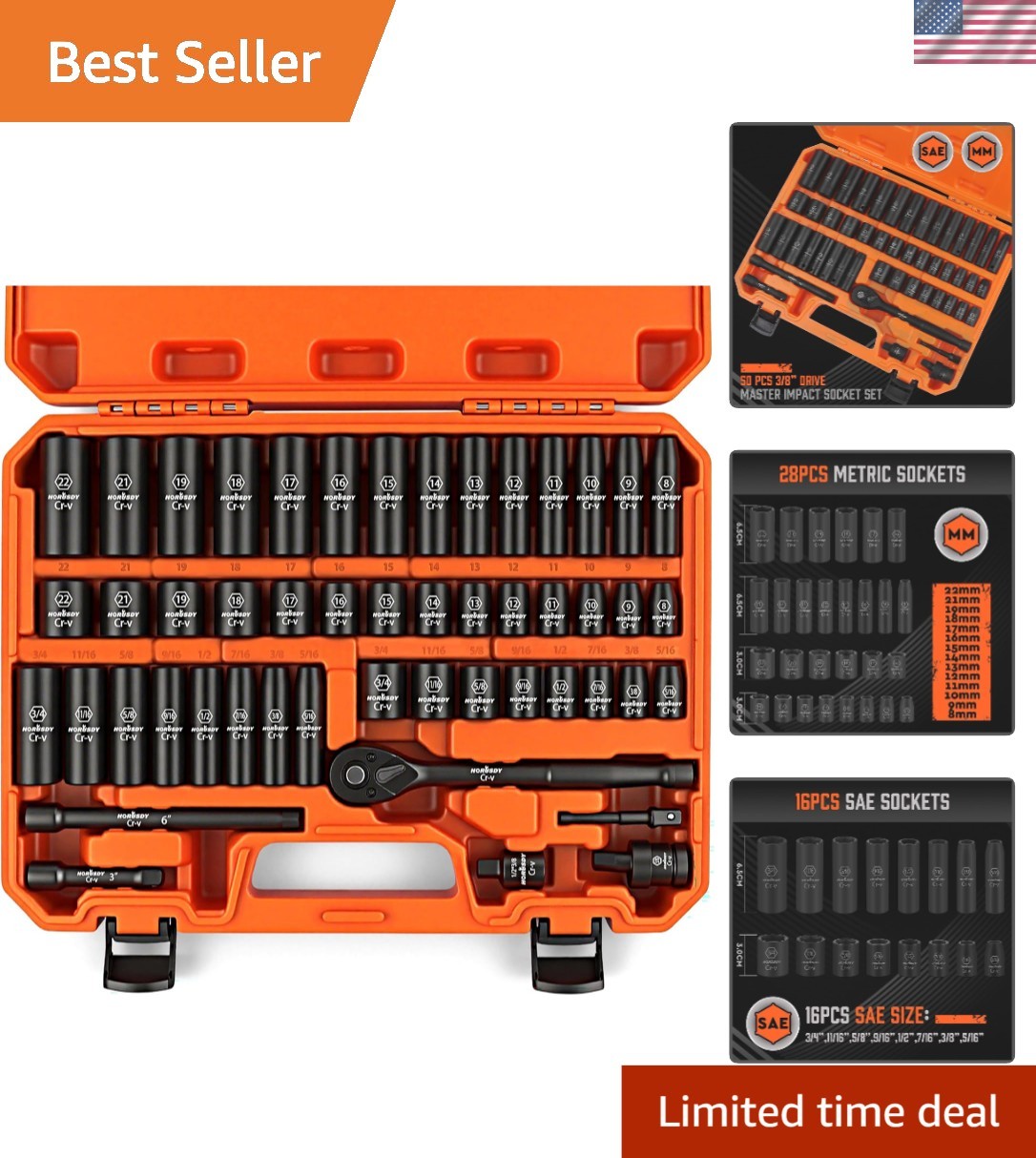 Durable Corrosion-Resistant 50-Piece Impact Socket Set with Laser Markings