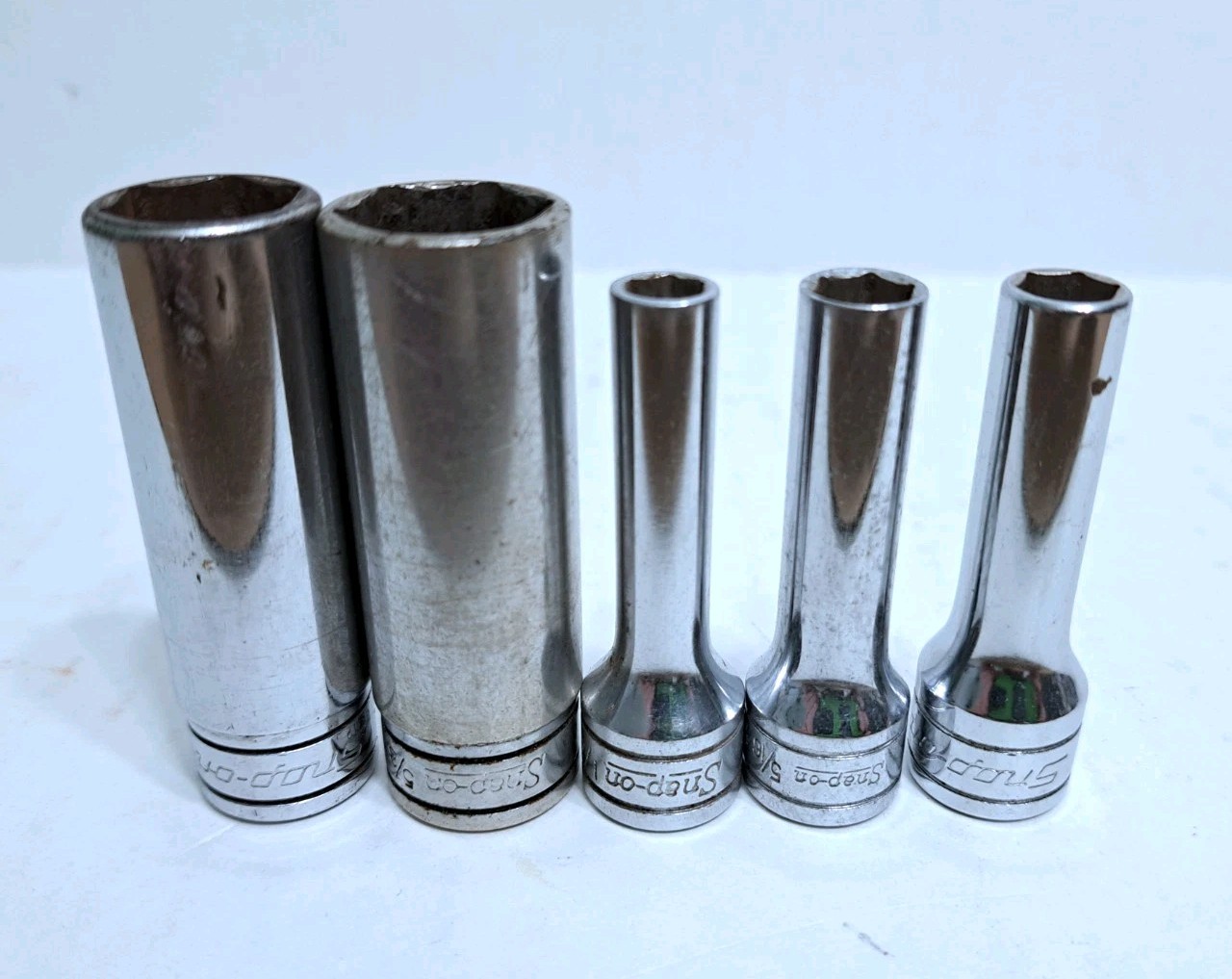 Lot of 5 Snap-on Tools USA Deep Socket 3/8″ Drive 6 Point SFS101 SFS081 SFS201