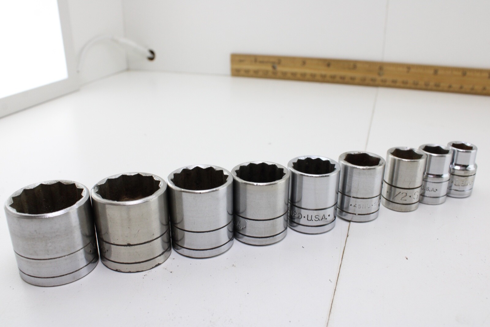 S-K Tools 45128-45112 USA 7/8″-3/8″ 9 Piece 12/6 Pt 3/8 DrSockets Good Cond