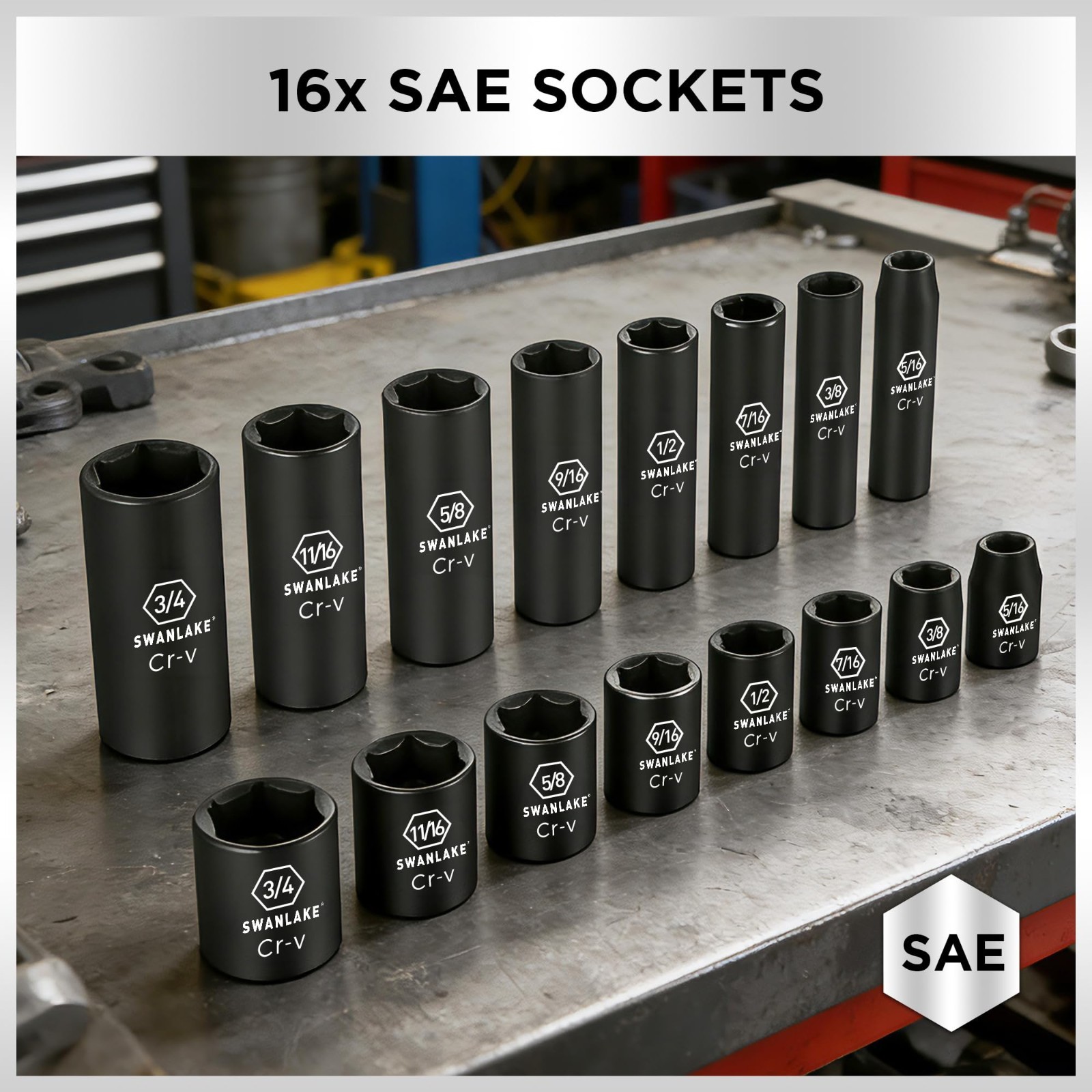 50-Piece Impact Socket Set, 3/8″ Drive, SAE & Metric, 6 Point, Cr-V, Ratchet & E