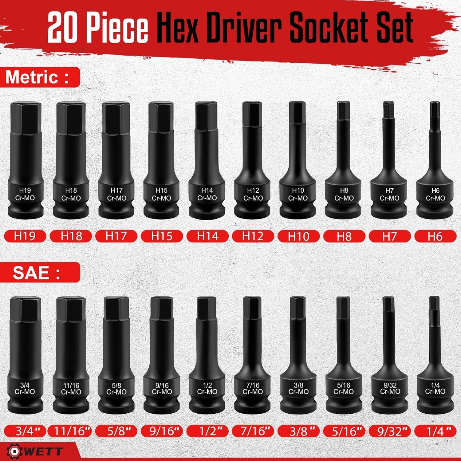 1/2 Drive Master Impact Hex Bit Set 20 Piece Hex Driver Socket Set Allen Bit