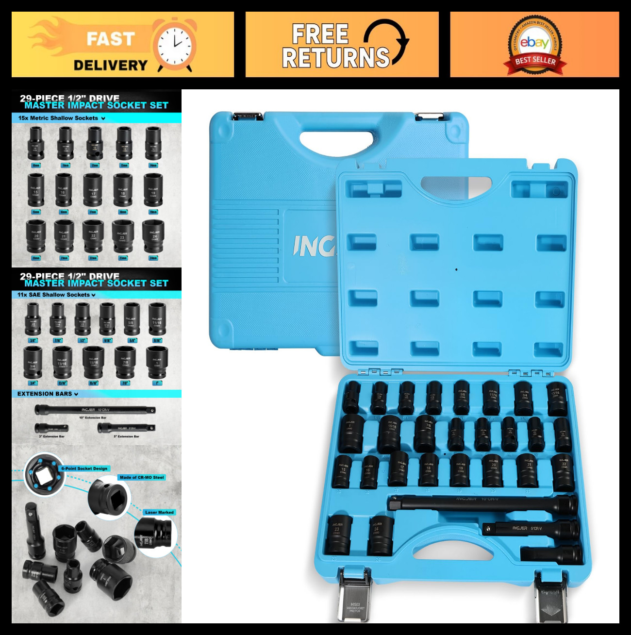 29PCS 1/2″ Impact Socket Set, SAE & Metric Sizes, CR-MO, High Torque, Extension