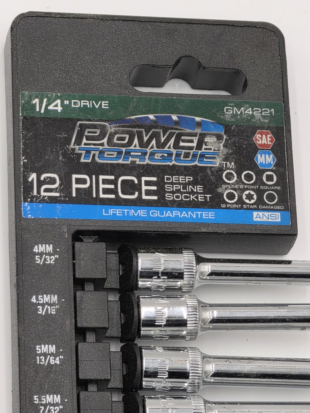 Power Torque GM4221 12pc 1/4″ Drive Deep Spline Socket Set MM SAE Mechanic Tools