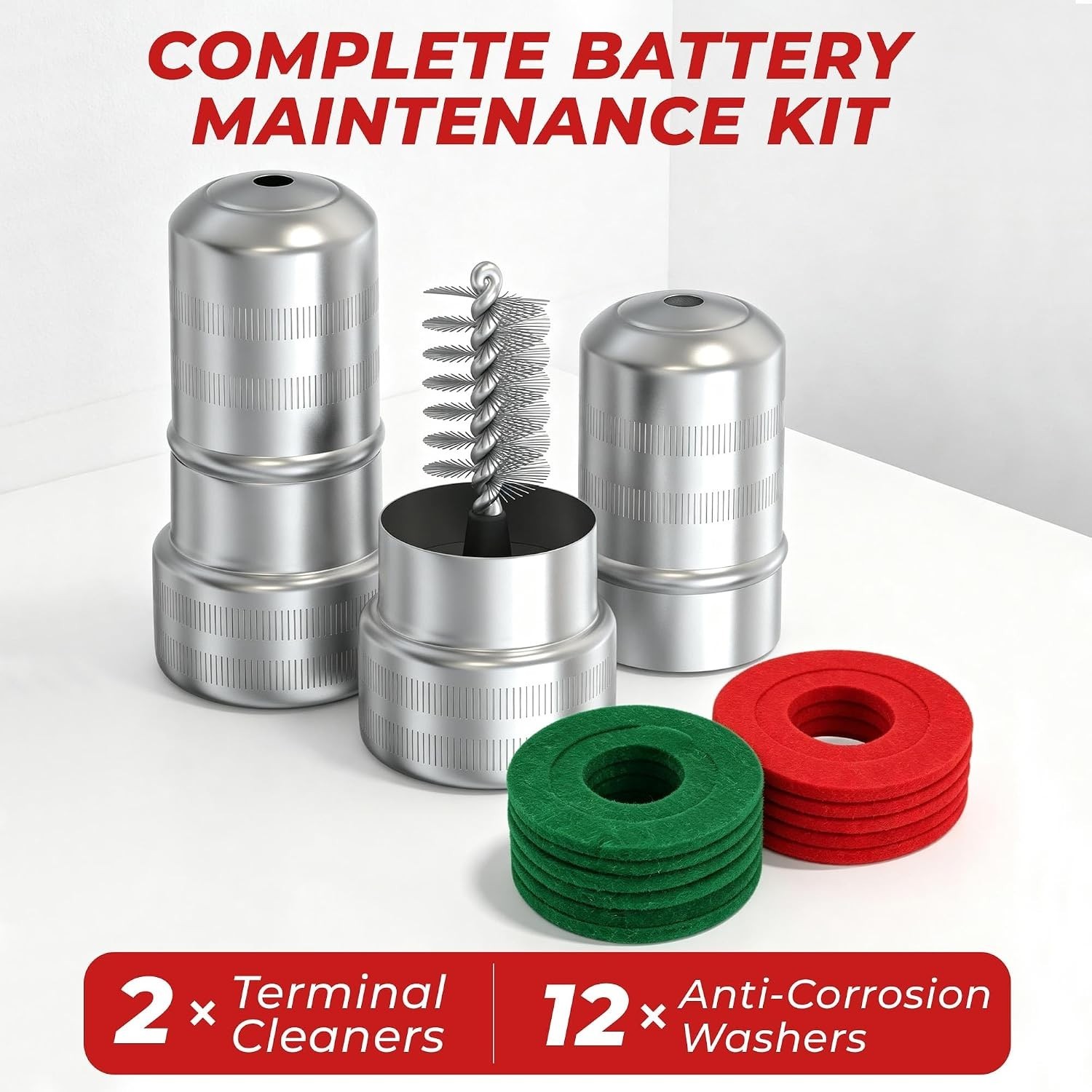 Battery Terminal Cleaner Set: 2 Brushes & 12 Color-Coded Anti-Corrosion Washers