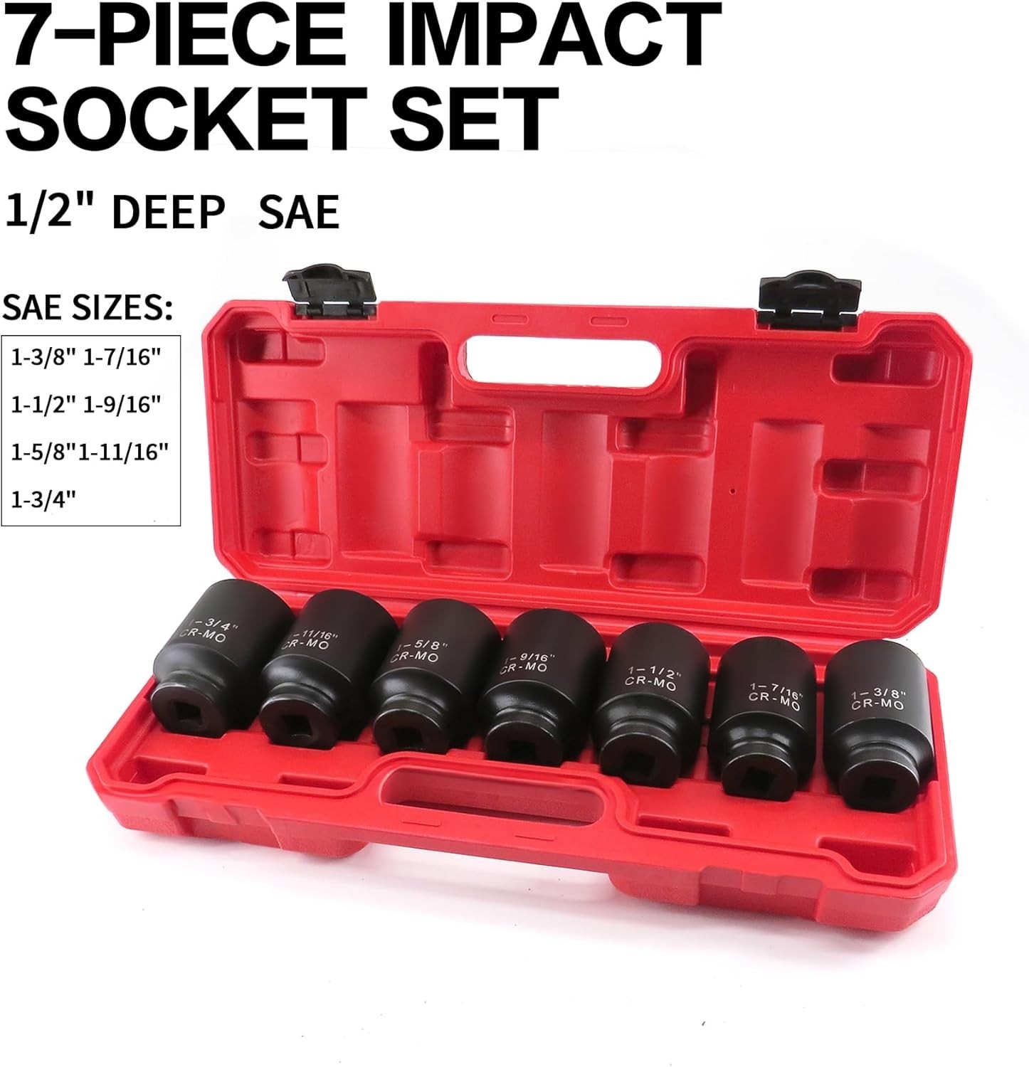 1/2 Inch Drive Deep Impact Socket Set, 6-Point, SAE1/2 Drive 1-3/8″to1-3/4″, …