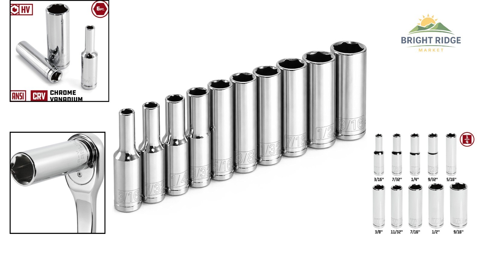 10 Piece Deep Socket Set with 1/4 Inch Drive for Automotive and Industrial Use