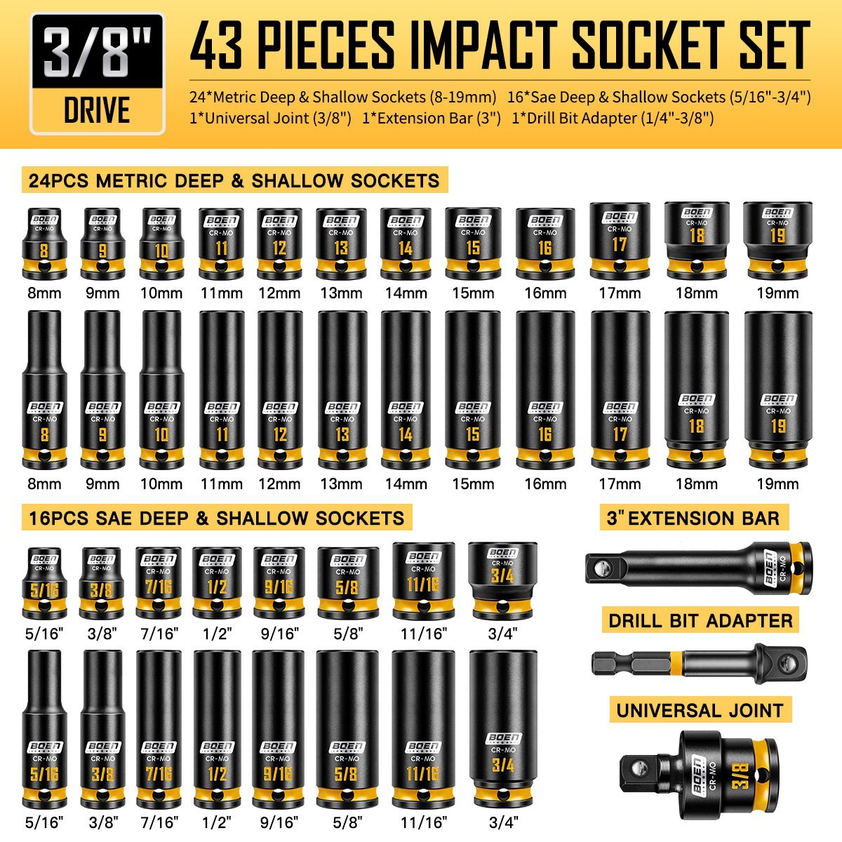 BOEN Pro 3/8″ Drive Impact Socket Set, 43-Piece SAE(5/16″-3/4″) & Metric(8-19mm)