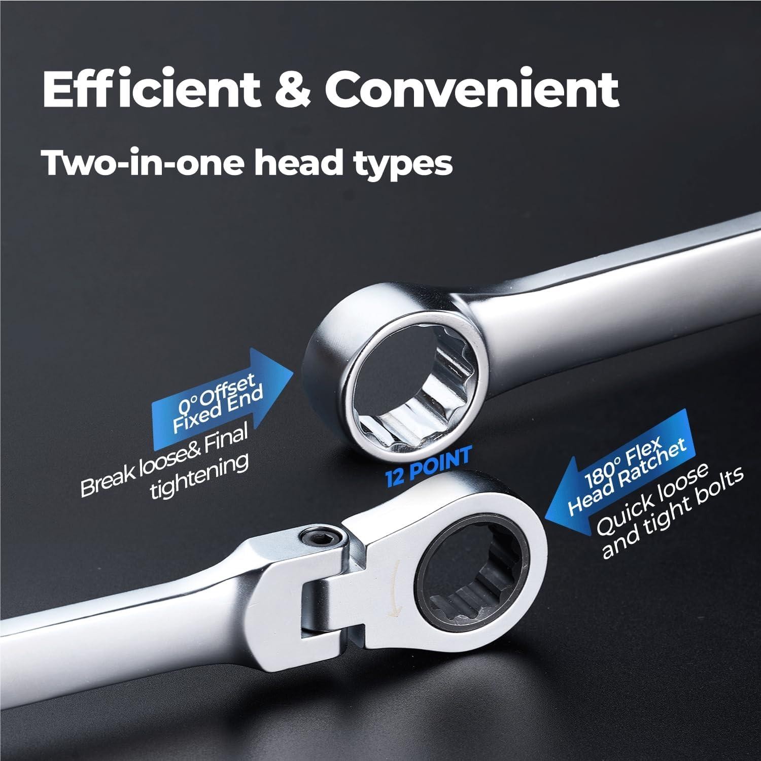 10mm Extra Long Ratcheting Wrench, Flex Head & Fixed Offset Head Double Box End