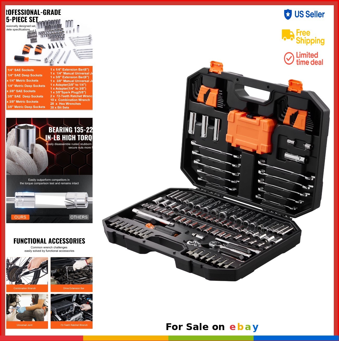 Mechanics Tool Set 145 Piece Socket Set 1/4 3/8 Drive Deep Standard SAE Metric