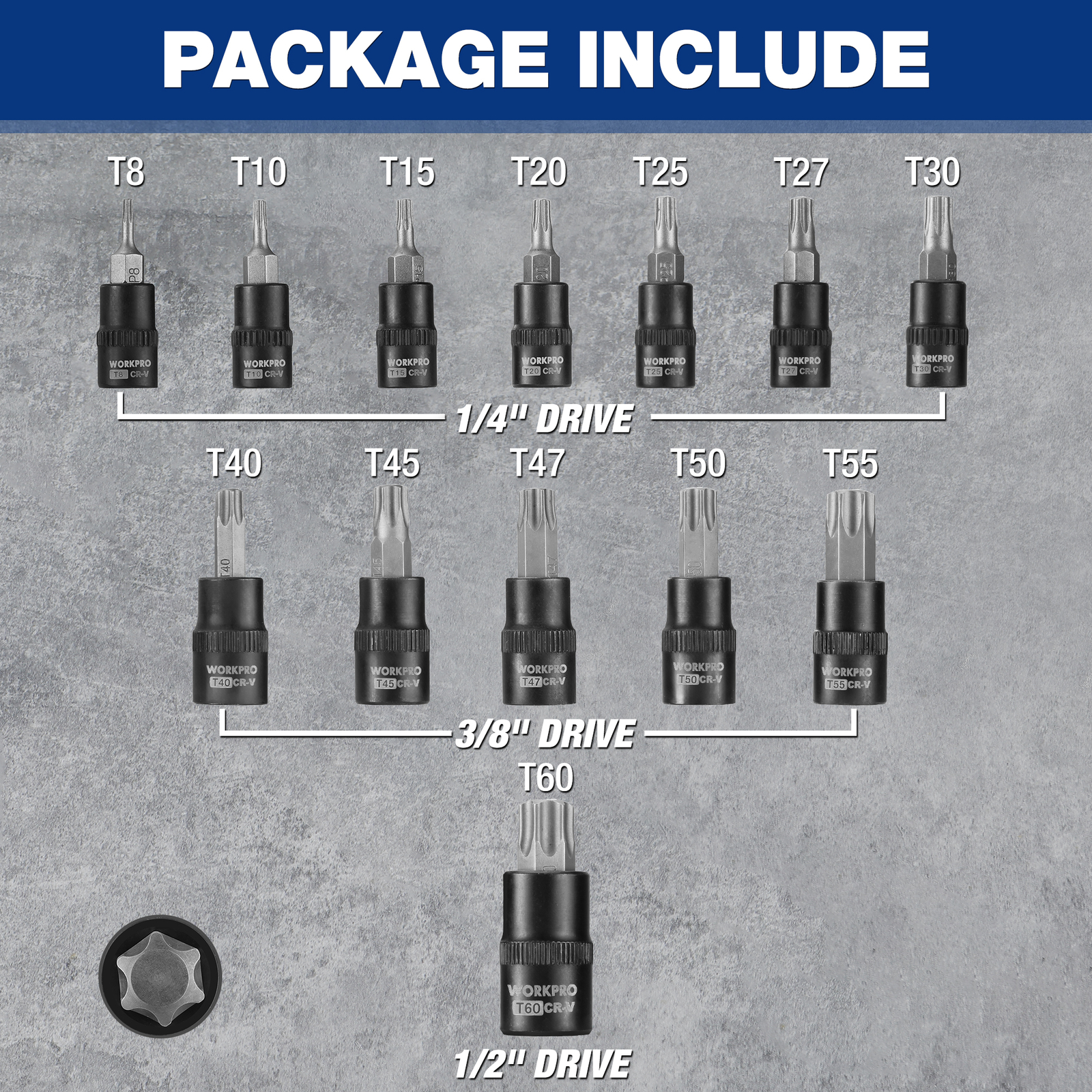 25-piece Torx Bit Socket and External Socket Set, 1/4″, 3/8″, 1/2″ Drive