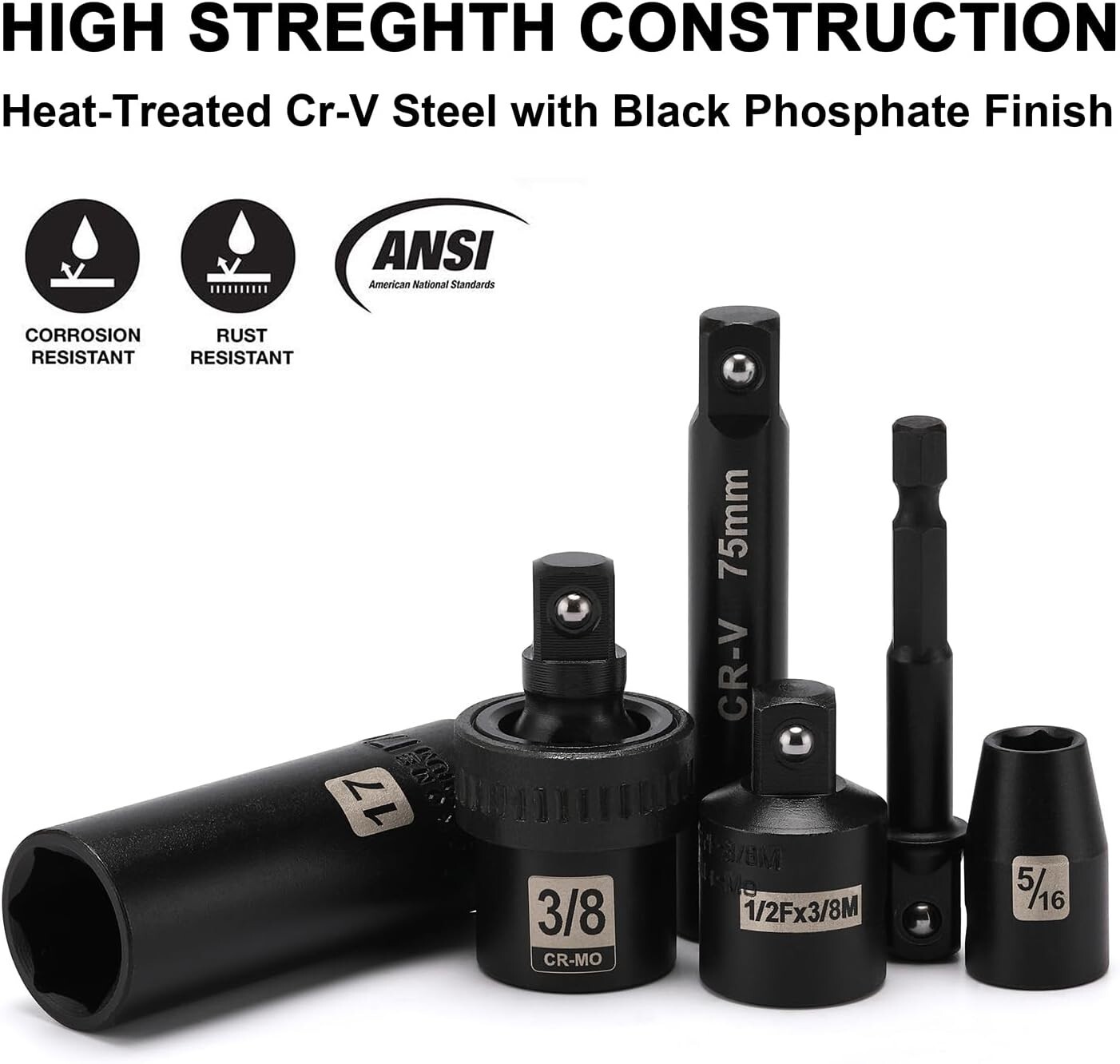 49 Pieces 3/8″ Drive Impact Socket Set 5/16″-3/4″ 8-22MM SAE/Metric 6 Point CR-V