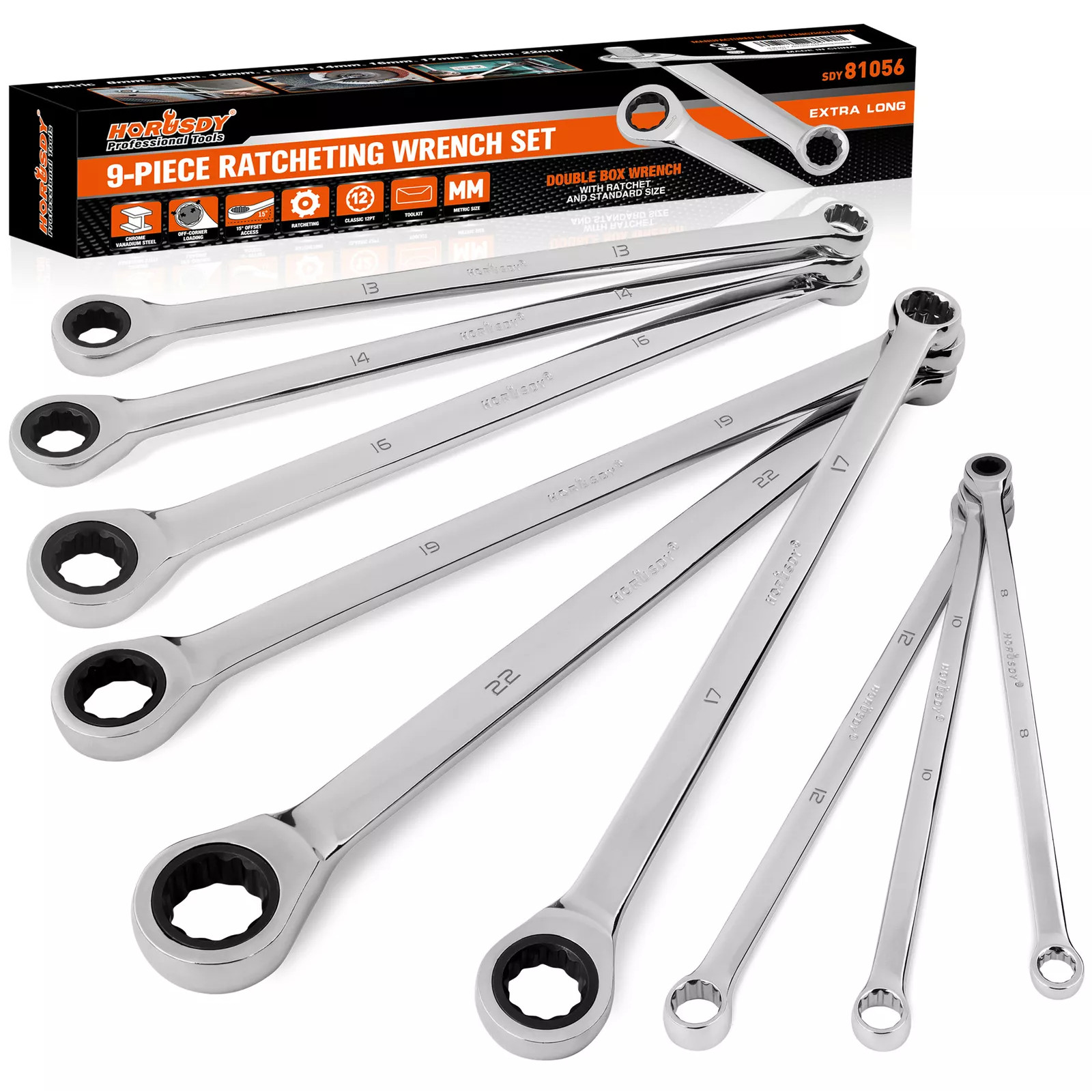 10-Piece Ratcheting Double Box Metric Wrench Gearbox 72 Tooth Extra Long