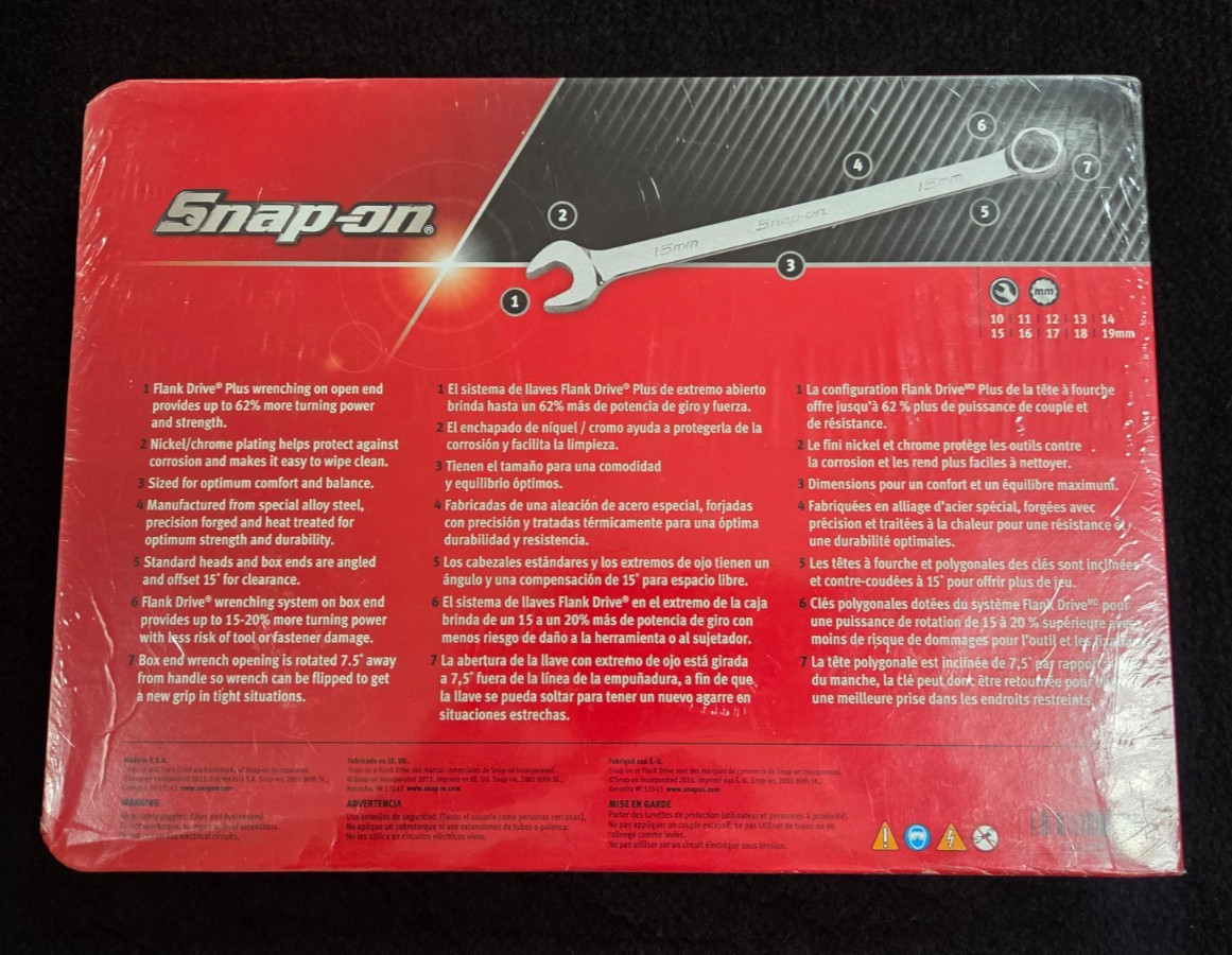 Snap-On SOEXM710 10-piece metric flank drive plus combination wrench set