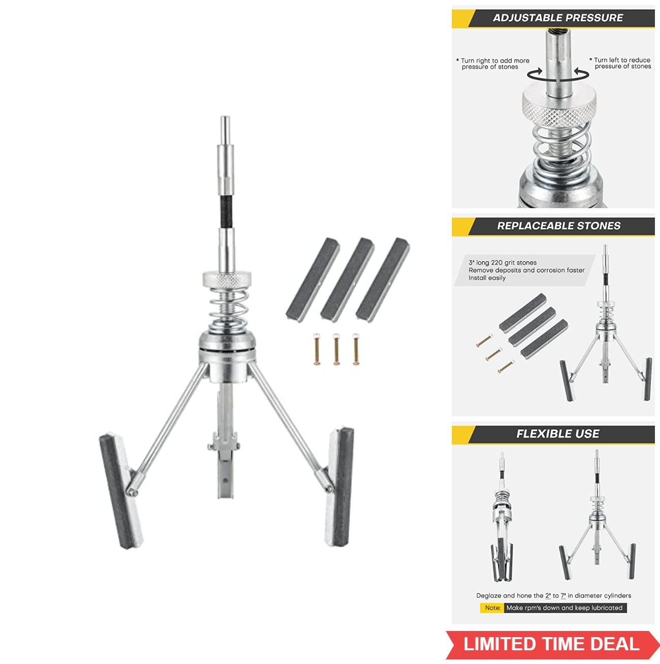 Engine Cylinder Hone Tool | 2″ to 7″ Diameter Adjustable Deglazer with Extra 3PC
