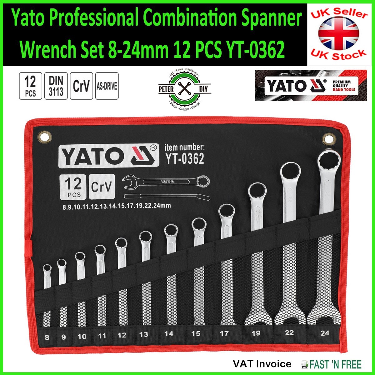Combination Spanner Wrench Set 8-24mm 12 Pcs Yato Professional YT-0362