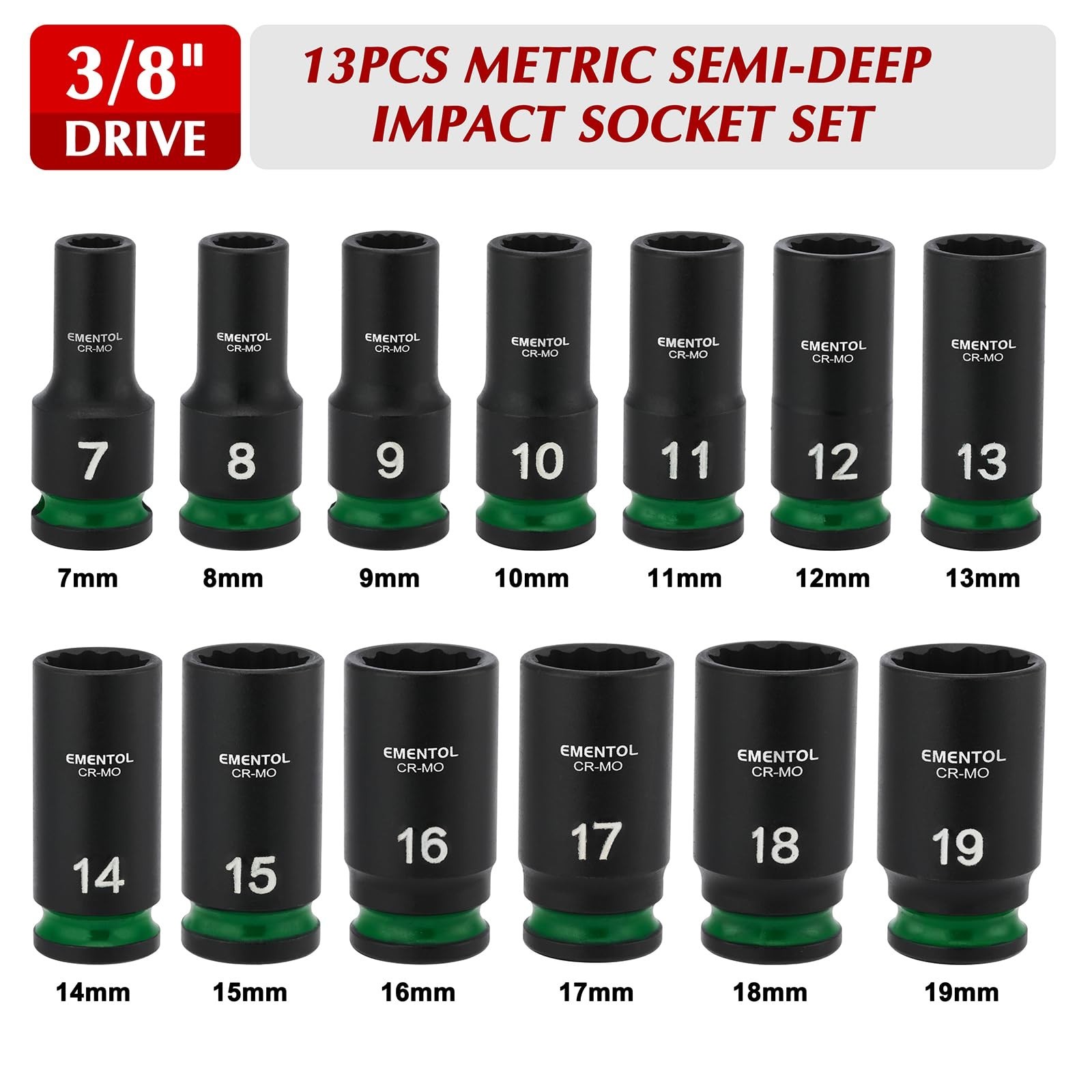 13-Piece 3/8″ Drive Impact Socket Set – Semi-Deep Metric Sockets (7-19mm) 12 Poi