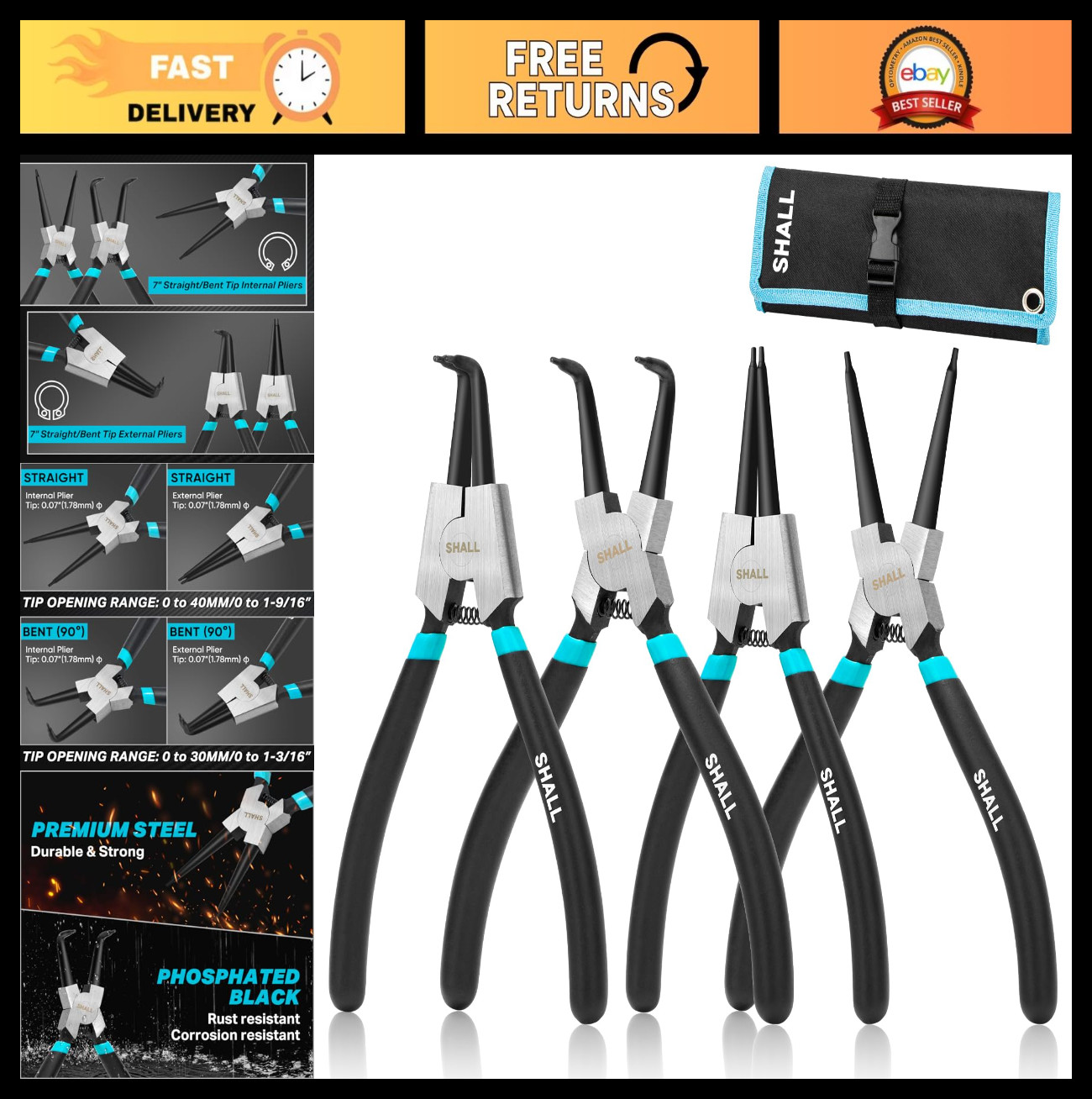 4PCS Snap Ring Pliers Set – 7″ Internal External Circlip & C-Clip Tools, Heavy D