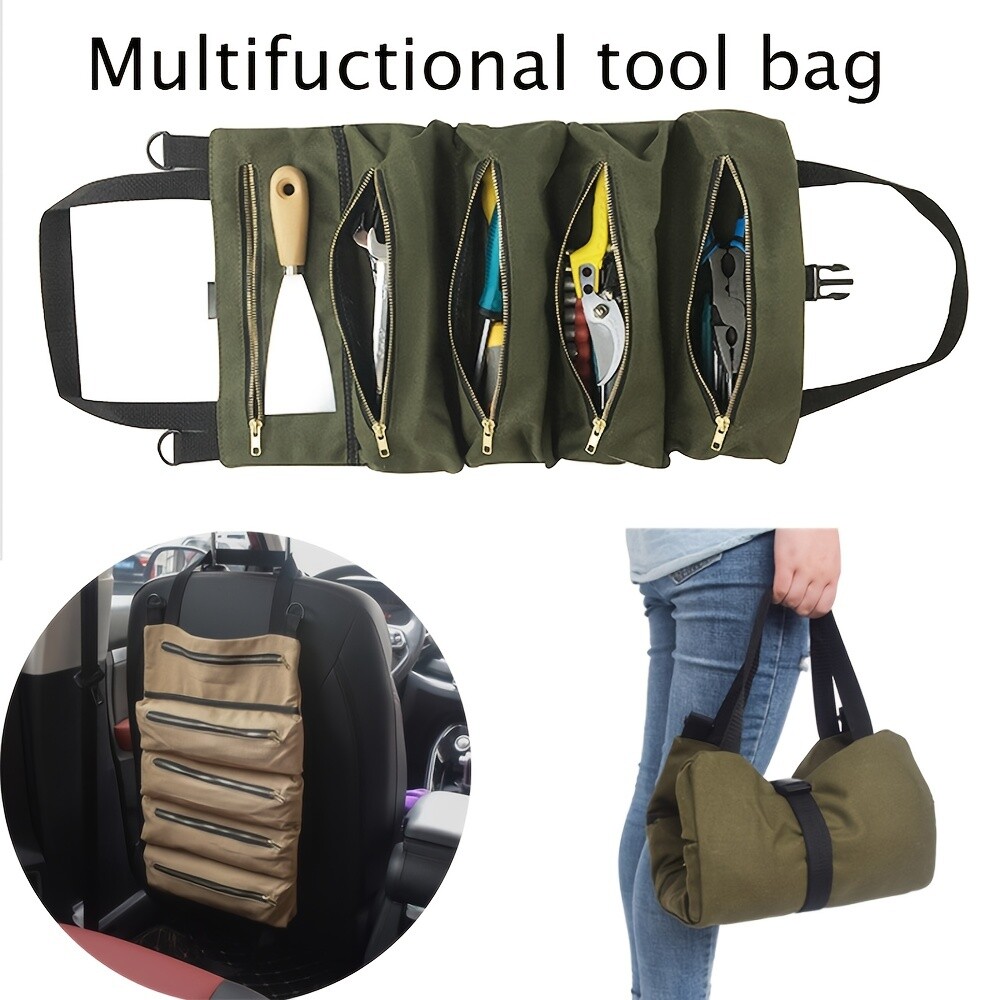 Auto Roll Up Tool Bag Multiple Pockets Canvas Storage Hanging Tool Bag