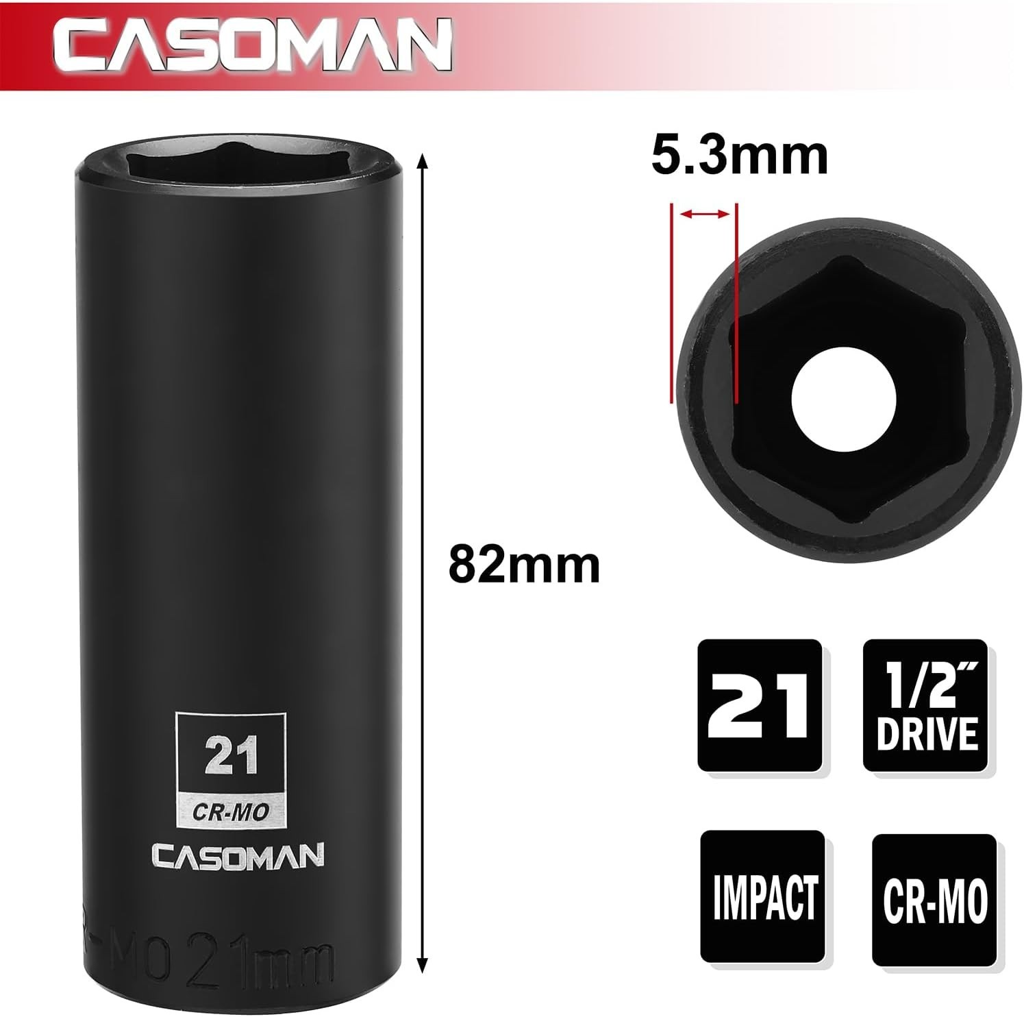 6-Point 21mm Deep Impact Socket, Chrome Molybdenum Steel for Impact Wrenches