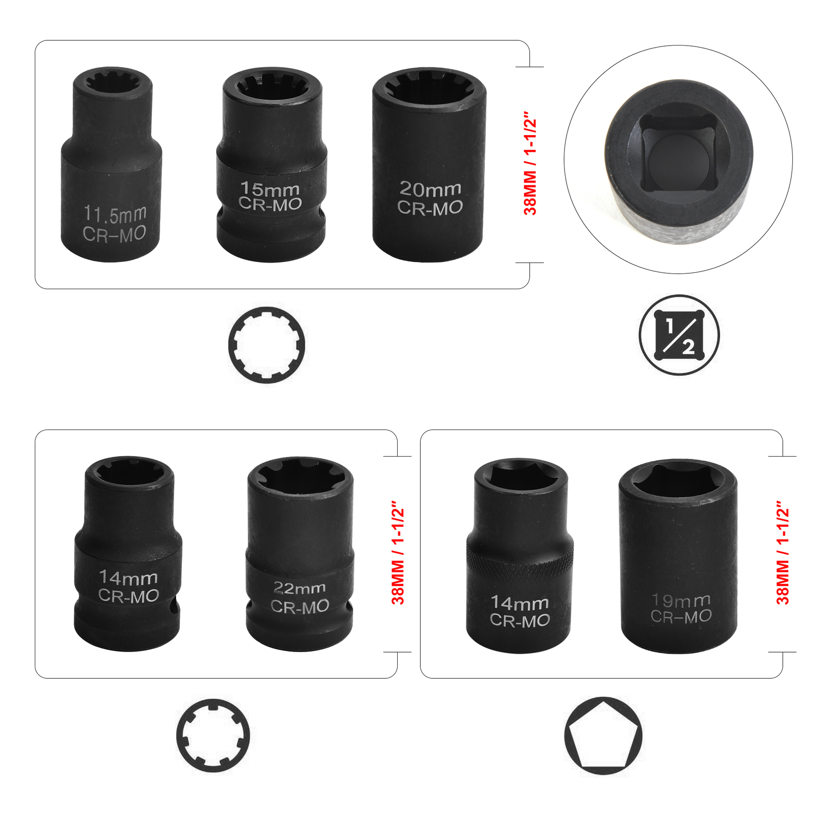 1/2″ Drive Impact Brake Caliper Socket Tool Set For VW BMW Ford Audi Porsche