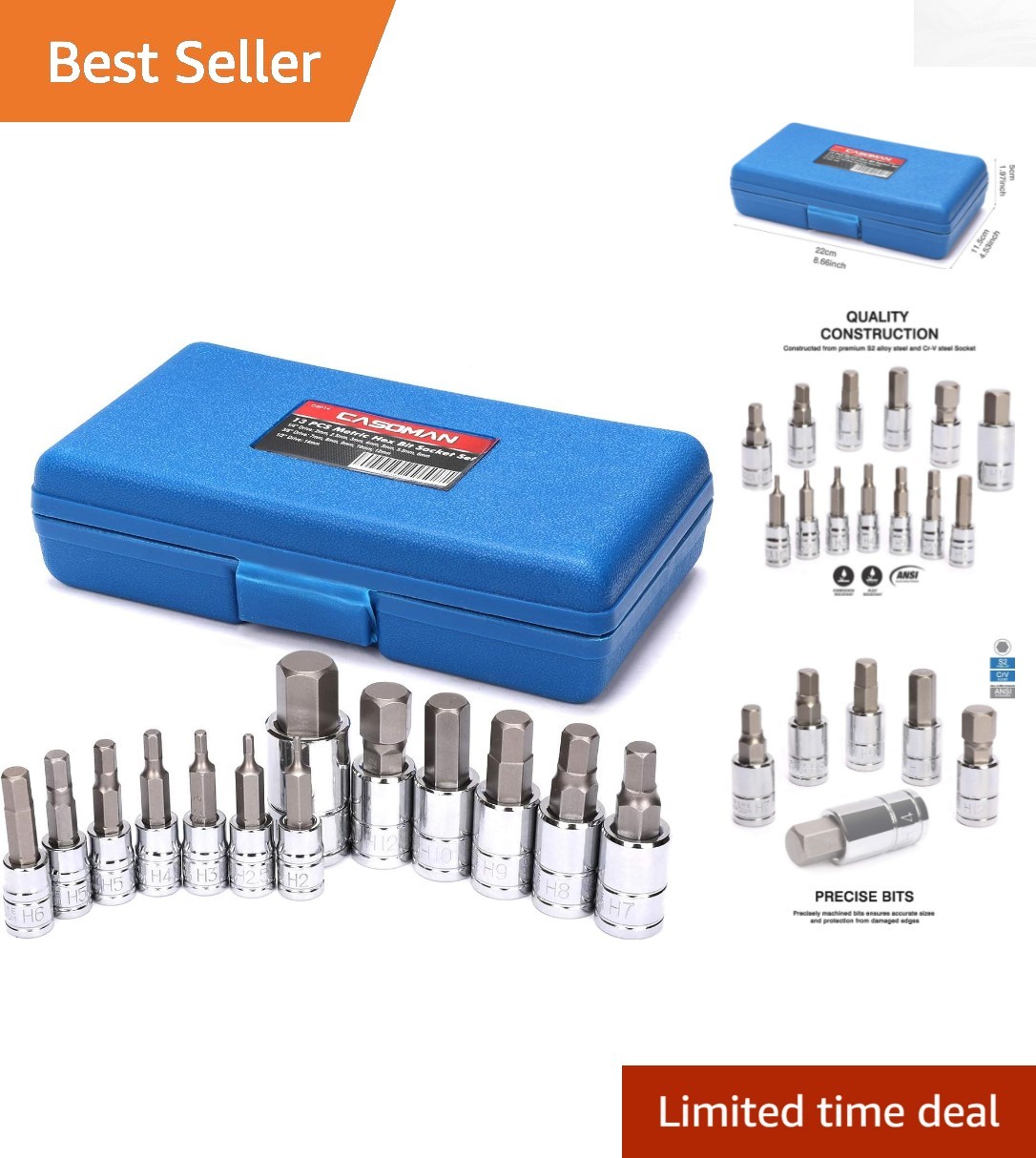 Casoman 13 Piece Metric Hex Bit Socket Set – S2 Steel & Mirror Chrome Finish