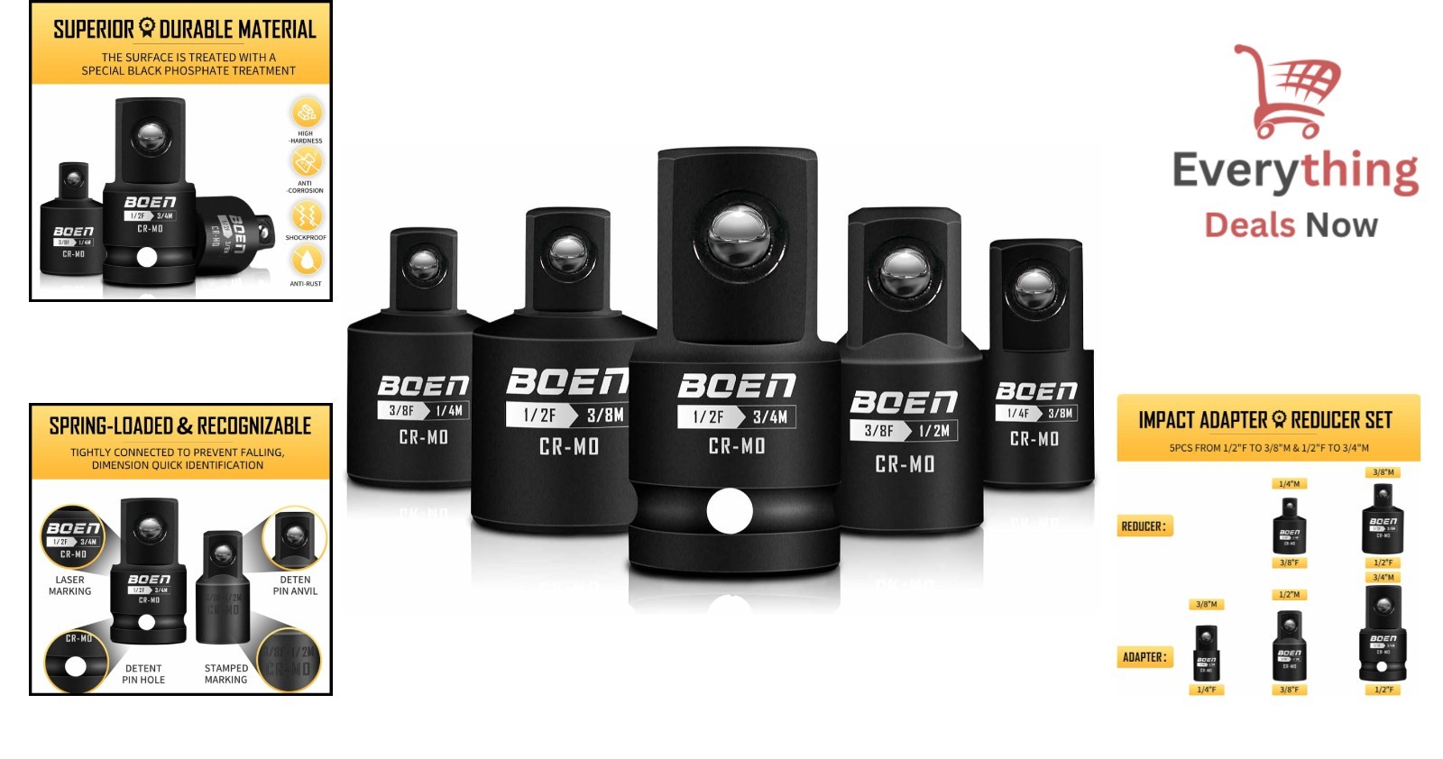 Impact Socket Adapter Reducer Set 1/4″ 3/8″ 1/2″ Drive Conversion Tool CR-MO 5PC