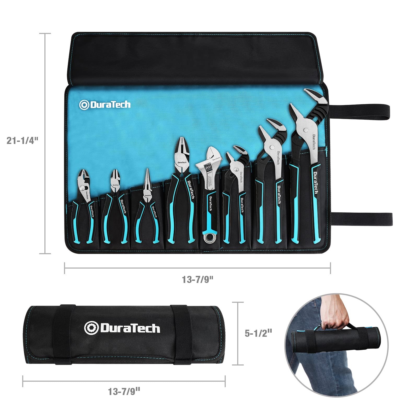 DURATECH 8-Piece Pliers Set with Rolling Pouch, 8-Piece, Blue, Silver, Black