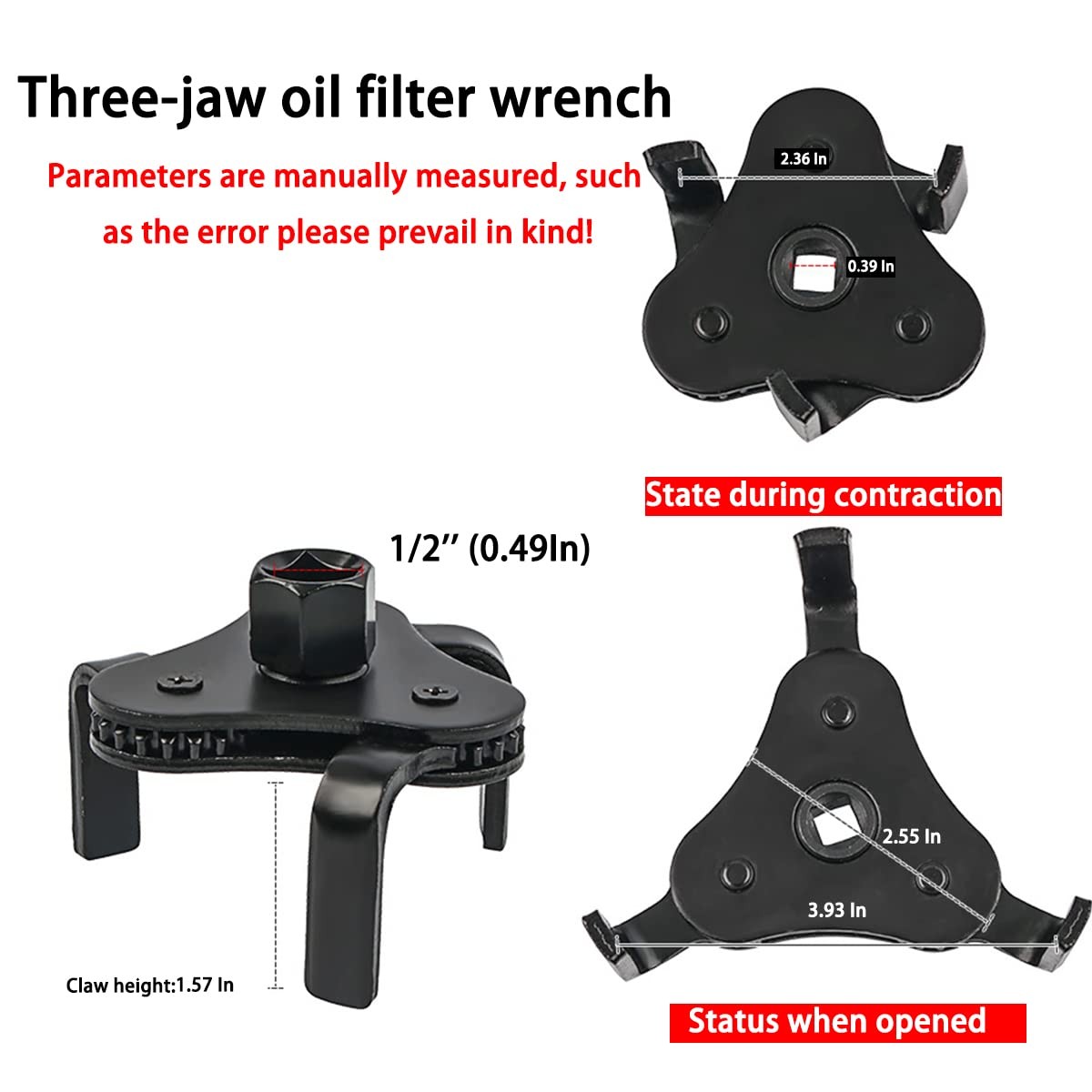 Universal 3Jaw Adjustable Oil Filter Wrench Tool Fits 2 To 41/4 In