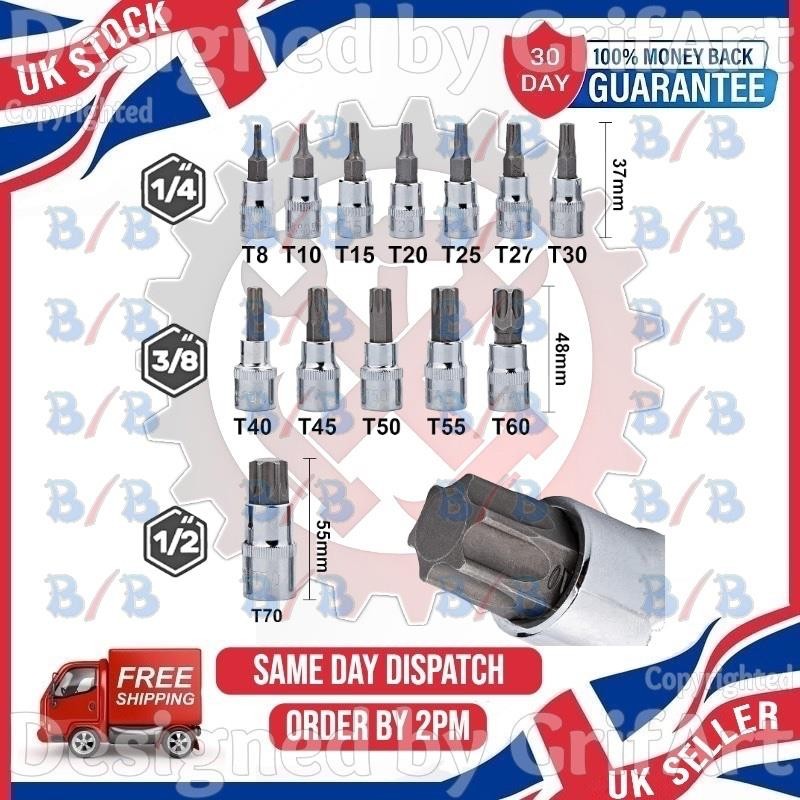 USPRO 13PC TAMPERPROOF STAR BIT SOCKET SET WITH HOLE T8-T70 1/4″ 3/8″ 1/2″ DRIVE