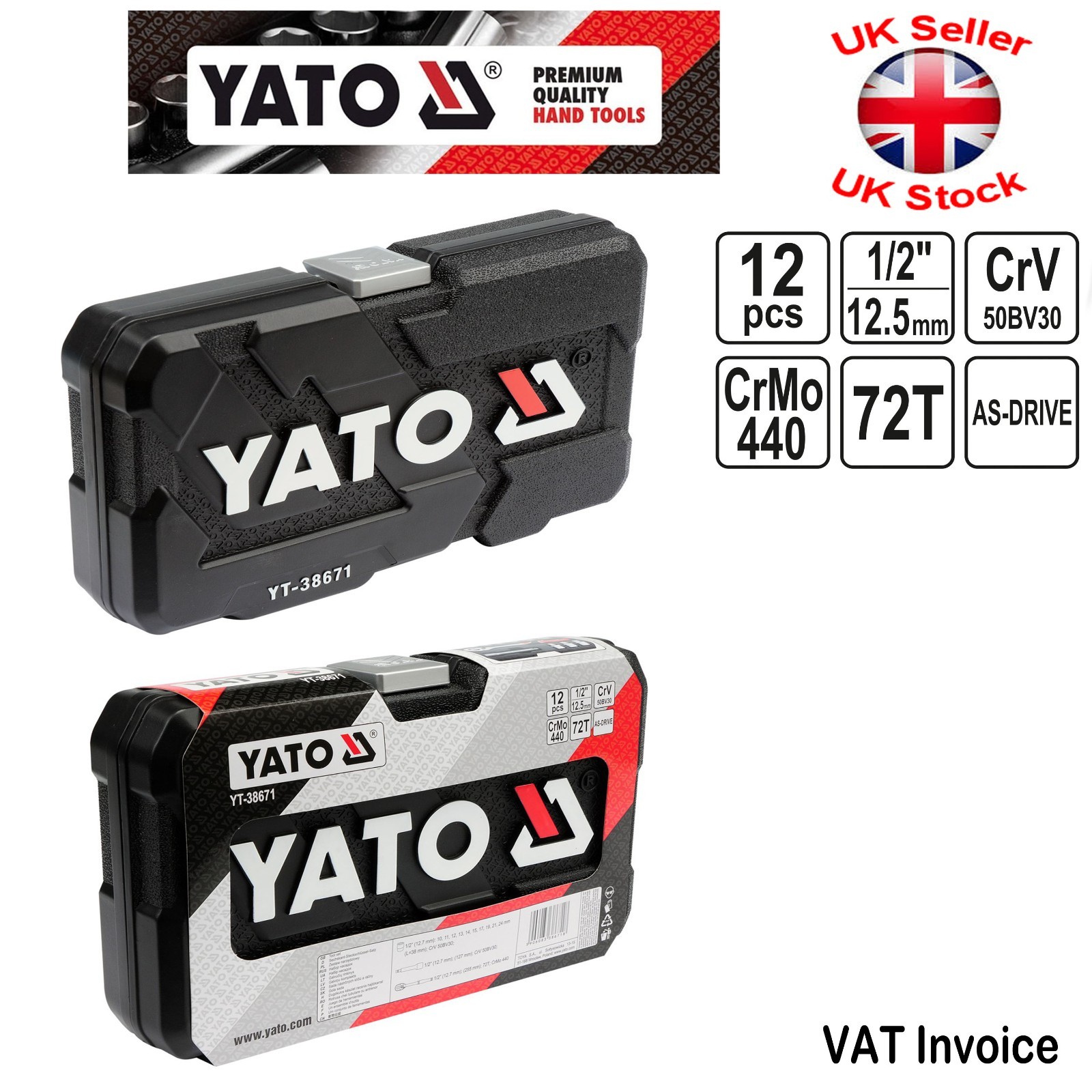 Yato Professional 12 pcs Ratchet Socket Set 1/2″ Tools Toolbox YT-38671